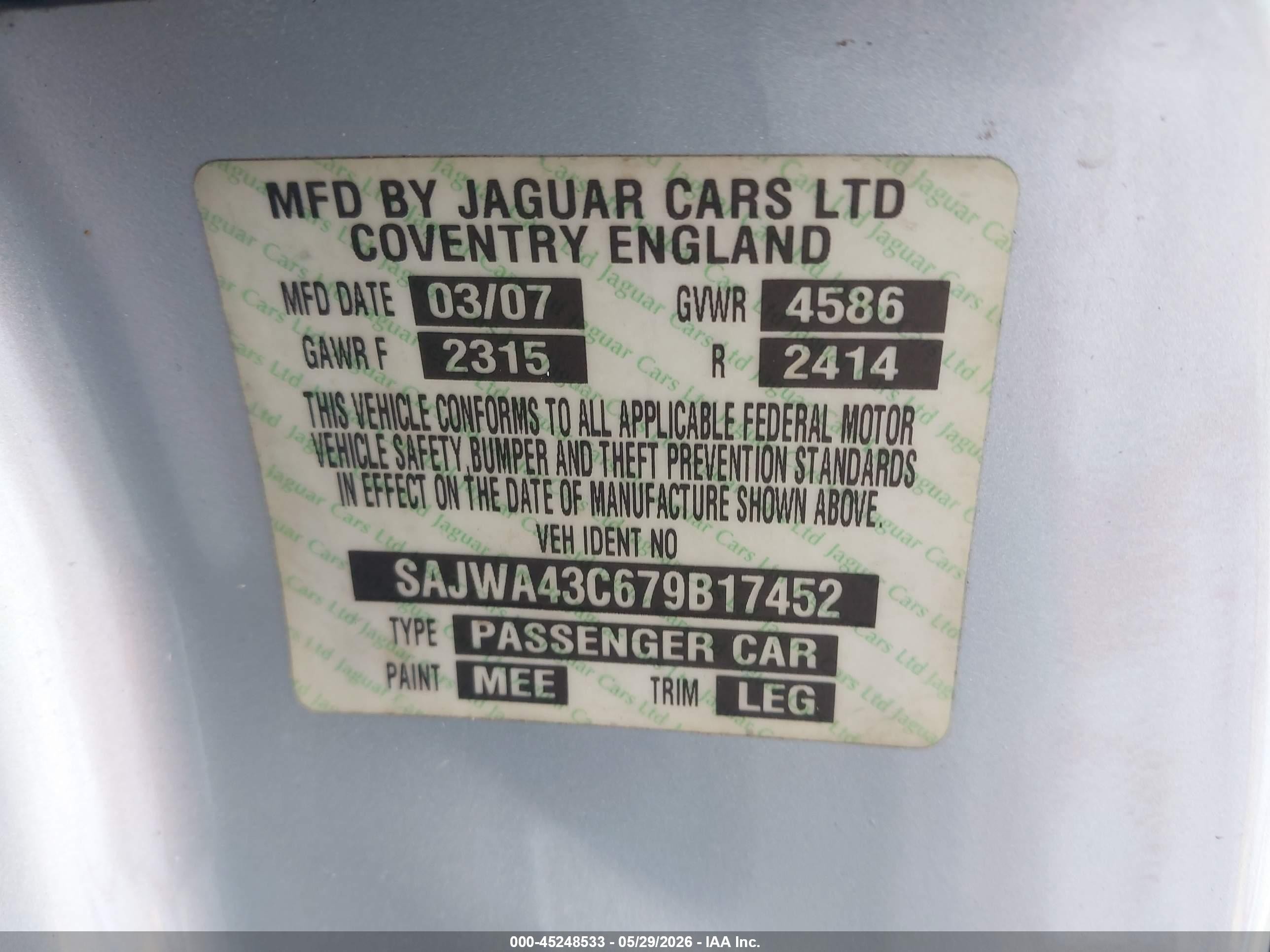 2007 Jaguar Xkr   Silver vin: SAJWA43C679B17452