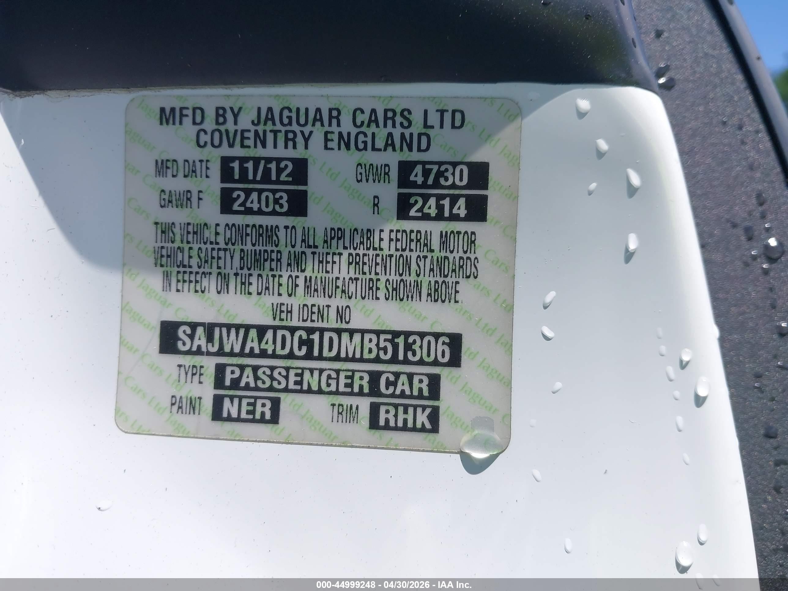 2013 Jaguar Xk Xkr White vin: SAJWA4DC1DMB51306
