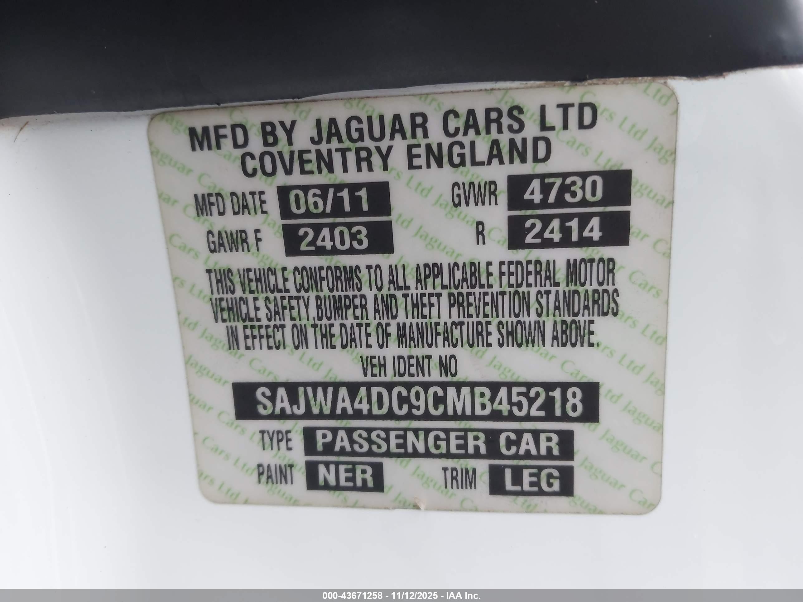 2012 Jaguar Xk Xkr White vin: SAJWA4DC9CMB45218