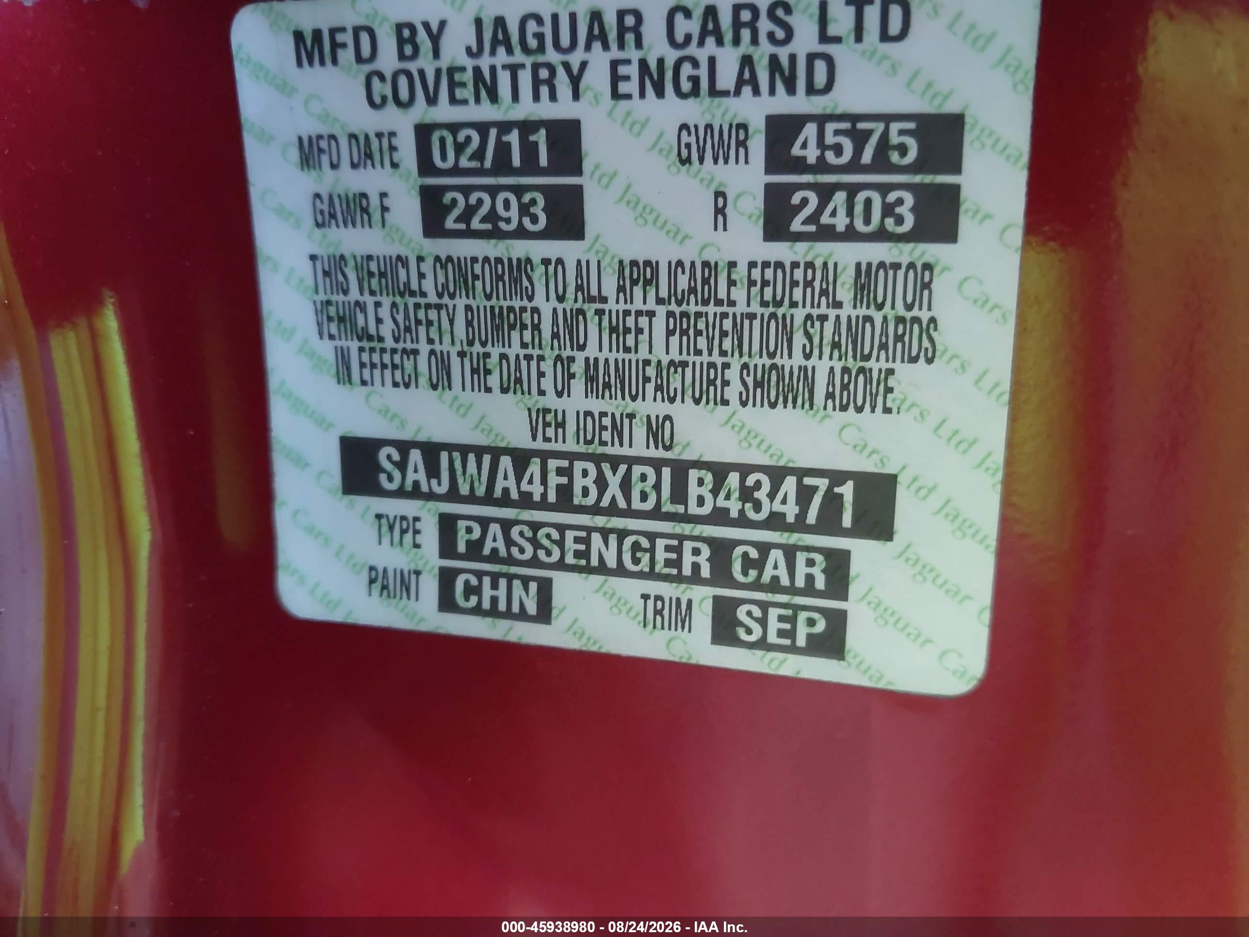 2011 Jaguar Xk   Red vin: SAJWA4FBXBLB43471