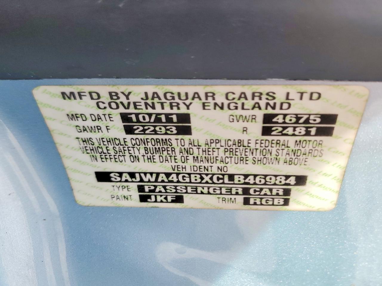 2012 Jaguar Xk Blue vin: SAJWA4GBXCLB46984