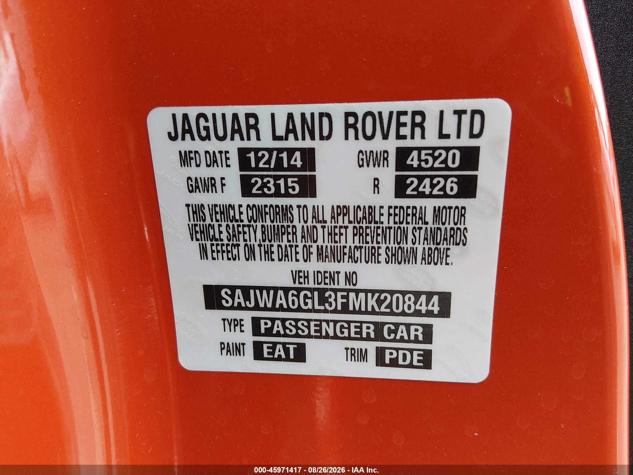 2015 Jaguar F-type V8 S Orange vin: SAJWA6GL3FMK20844