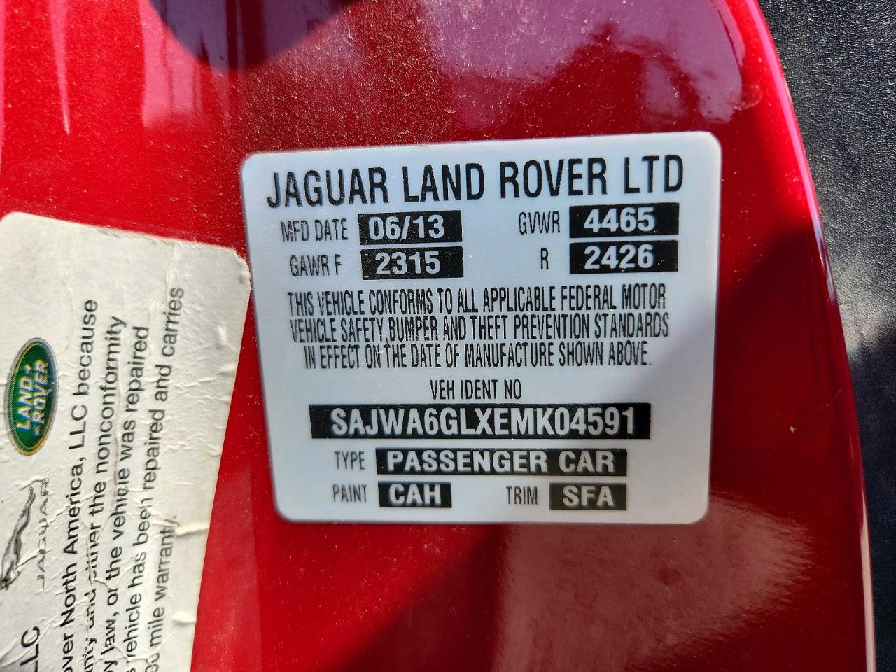2014 Jaguar F-type V8 S Red vin: SAJWA6GLXEMK04591