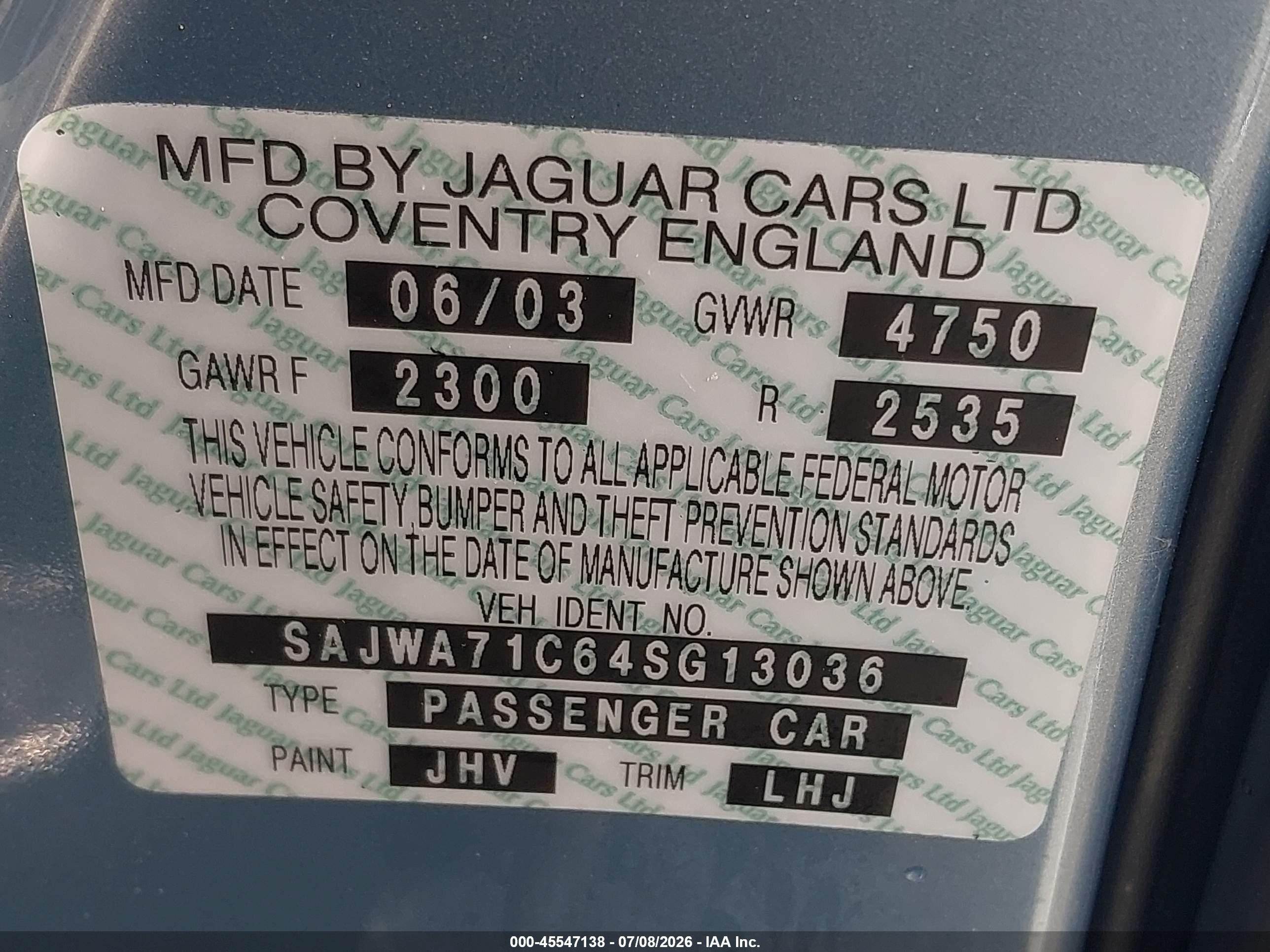2004 Jaguar Xj Xj8 Light Blue vin: SAJWA71C64SG13036