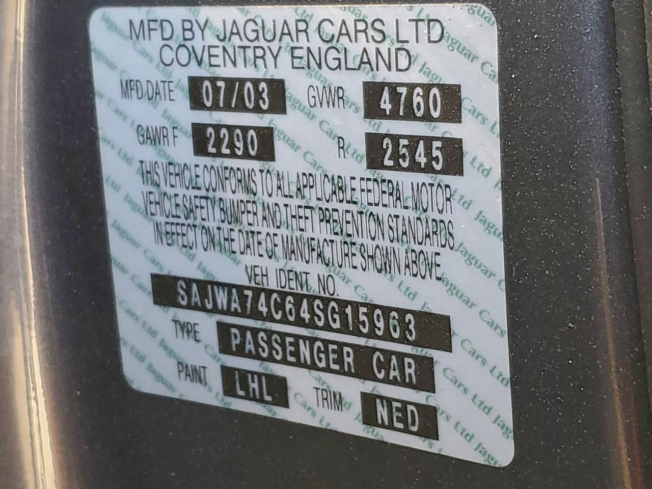 2004 Jaguar Vandenplas Charcoal vin: SAJWA74C64SG15963