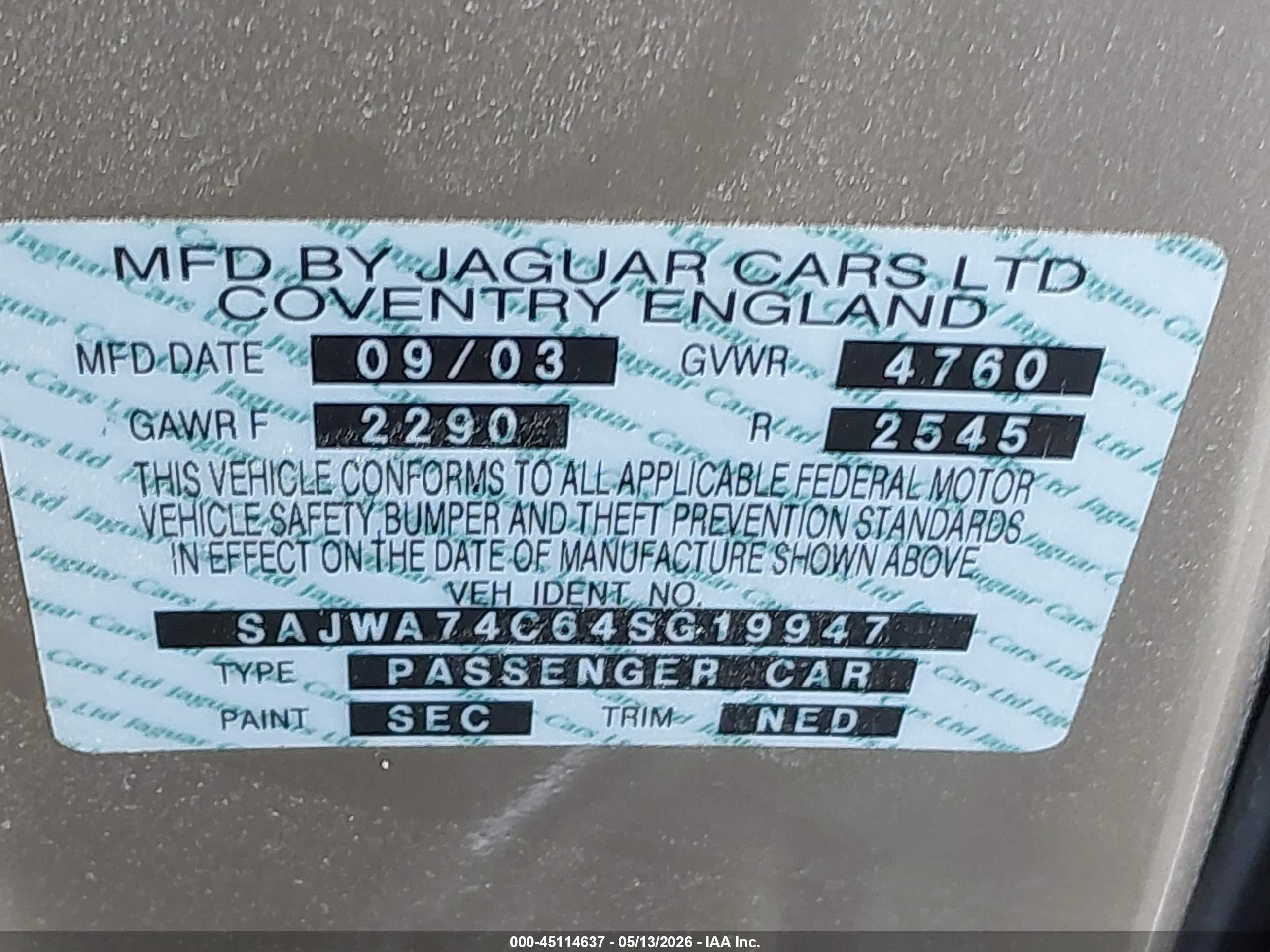 2004 Jaguar Xj Vanden Plas Gold vin: SAJWA74C64SG19947