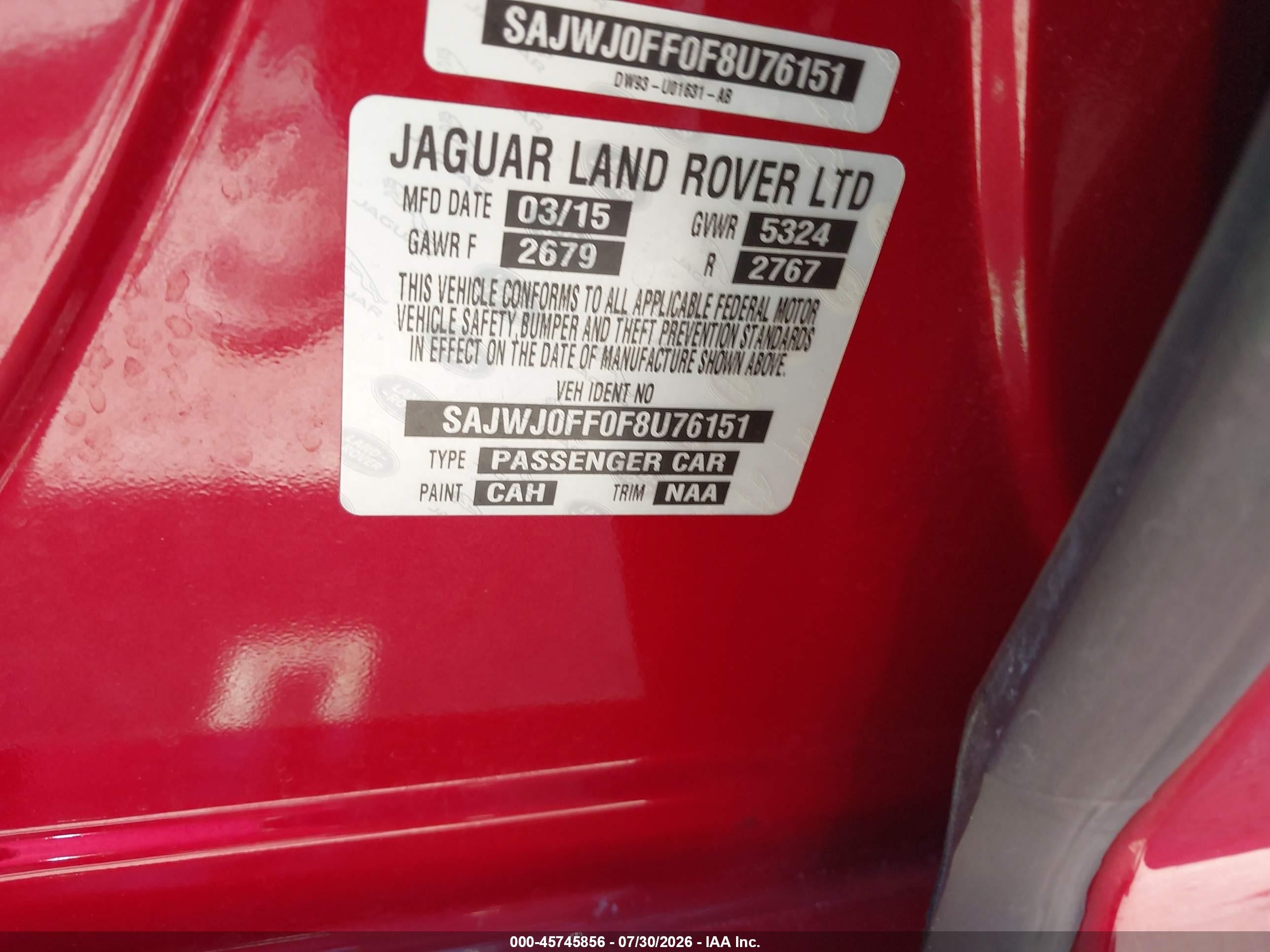 2015 Jaguar Xf 3.0 Portfolio/3.0 Sport Red vin: SAJWJ0FF0F8U76151