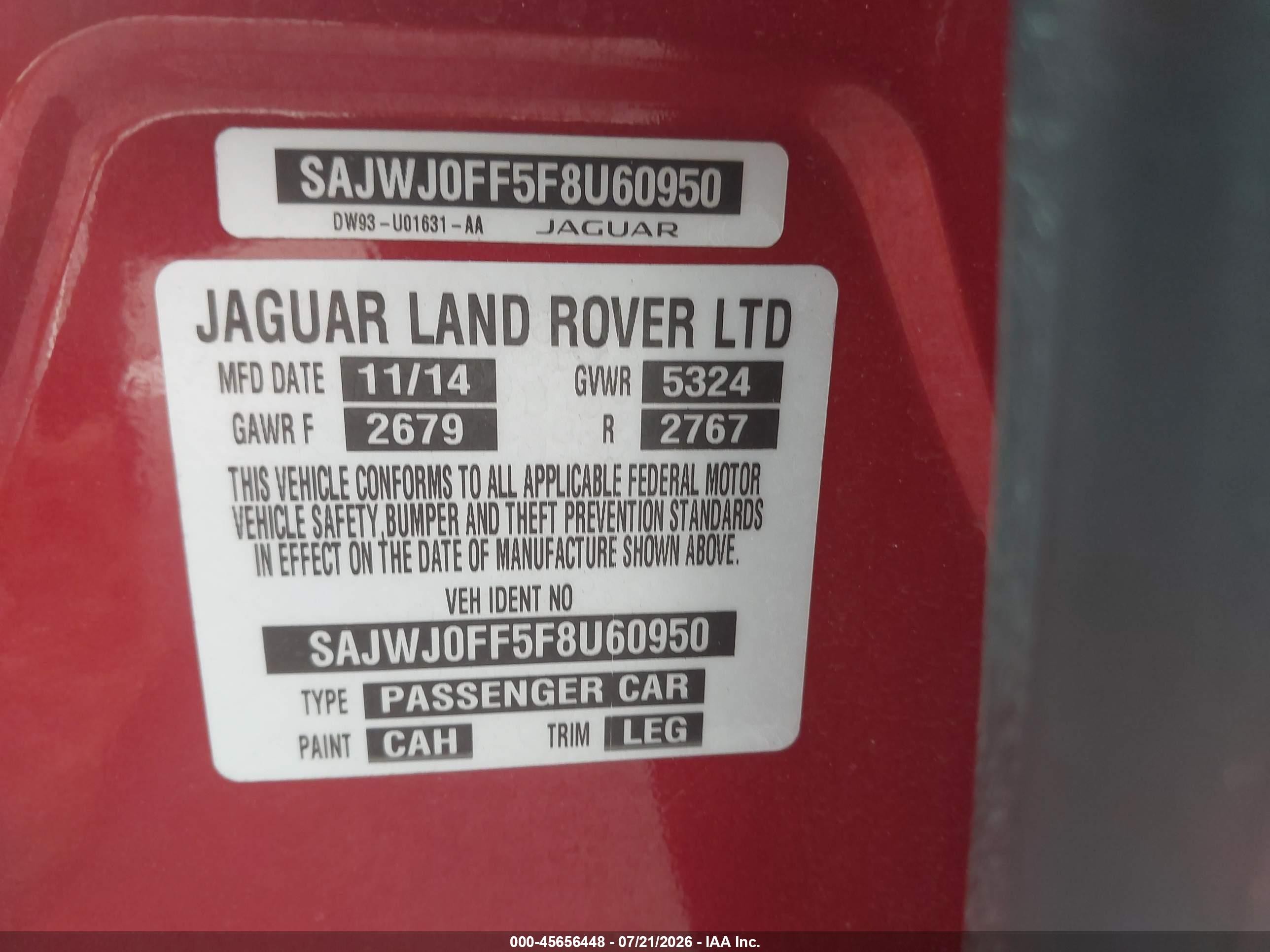 2015 Jaguar Xf 3.0 Portfolio/3.0 Sport Red vin: SAJWJ0FF5F8U60950