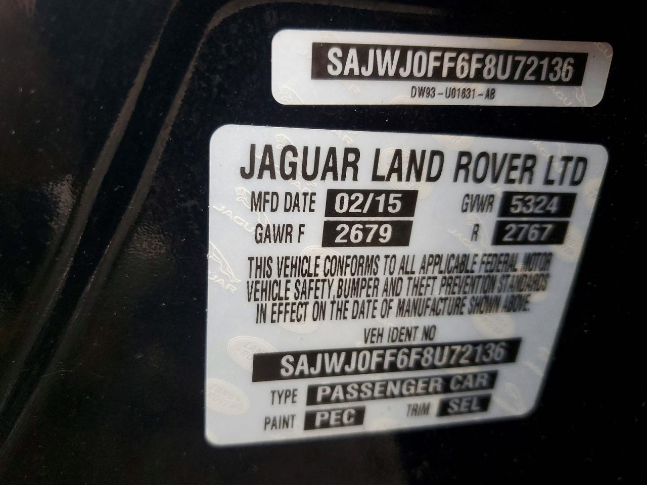 2015 Jaguar Xf 3.0 Sport Awd Black vin: SAJWJ0FF6F8U72136
