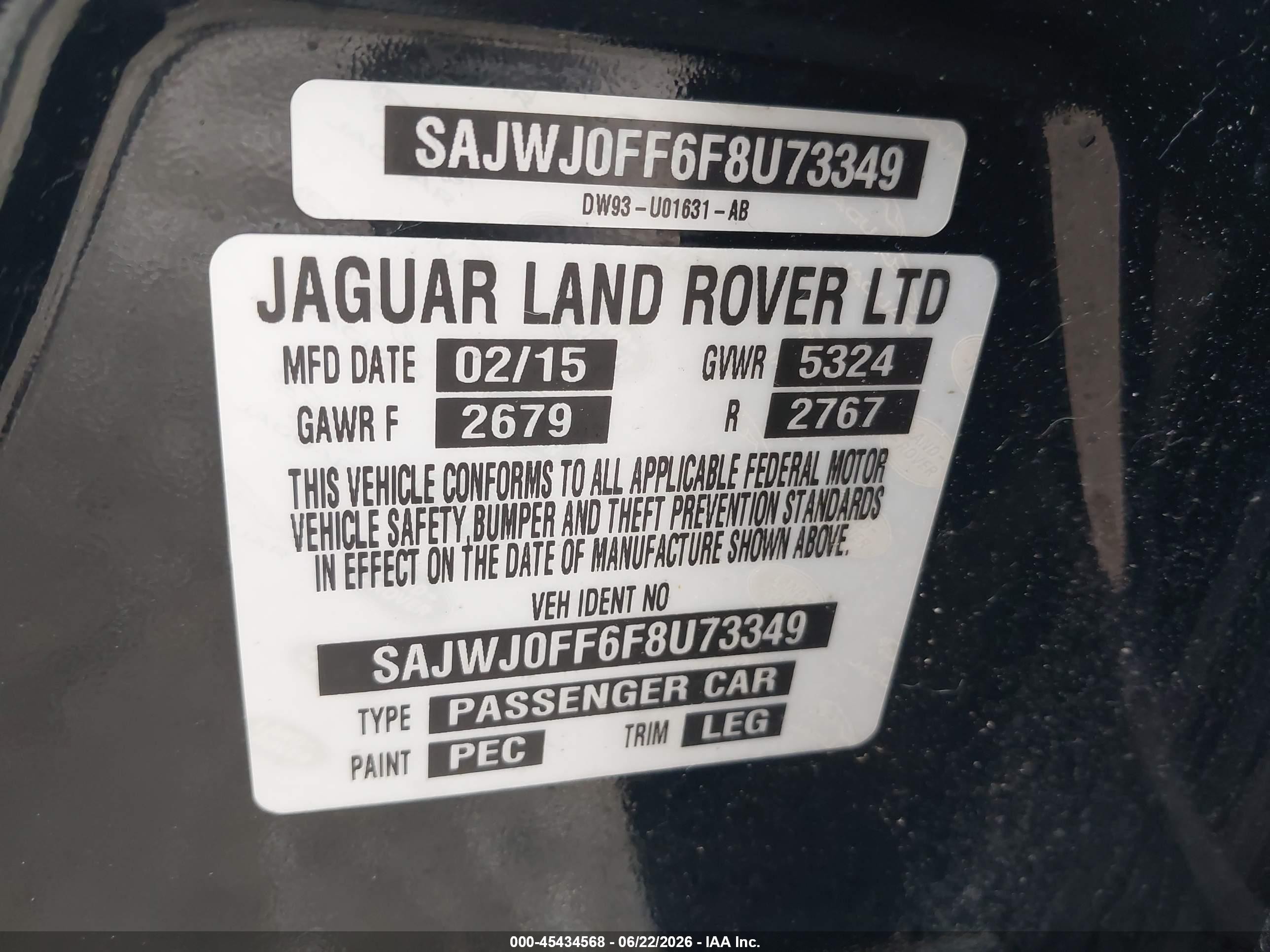 2015 Jaguar Xf 3.0 Portfolio/3.0 Sport Black vin: SAJWJ0FF6F8U73349