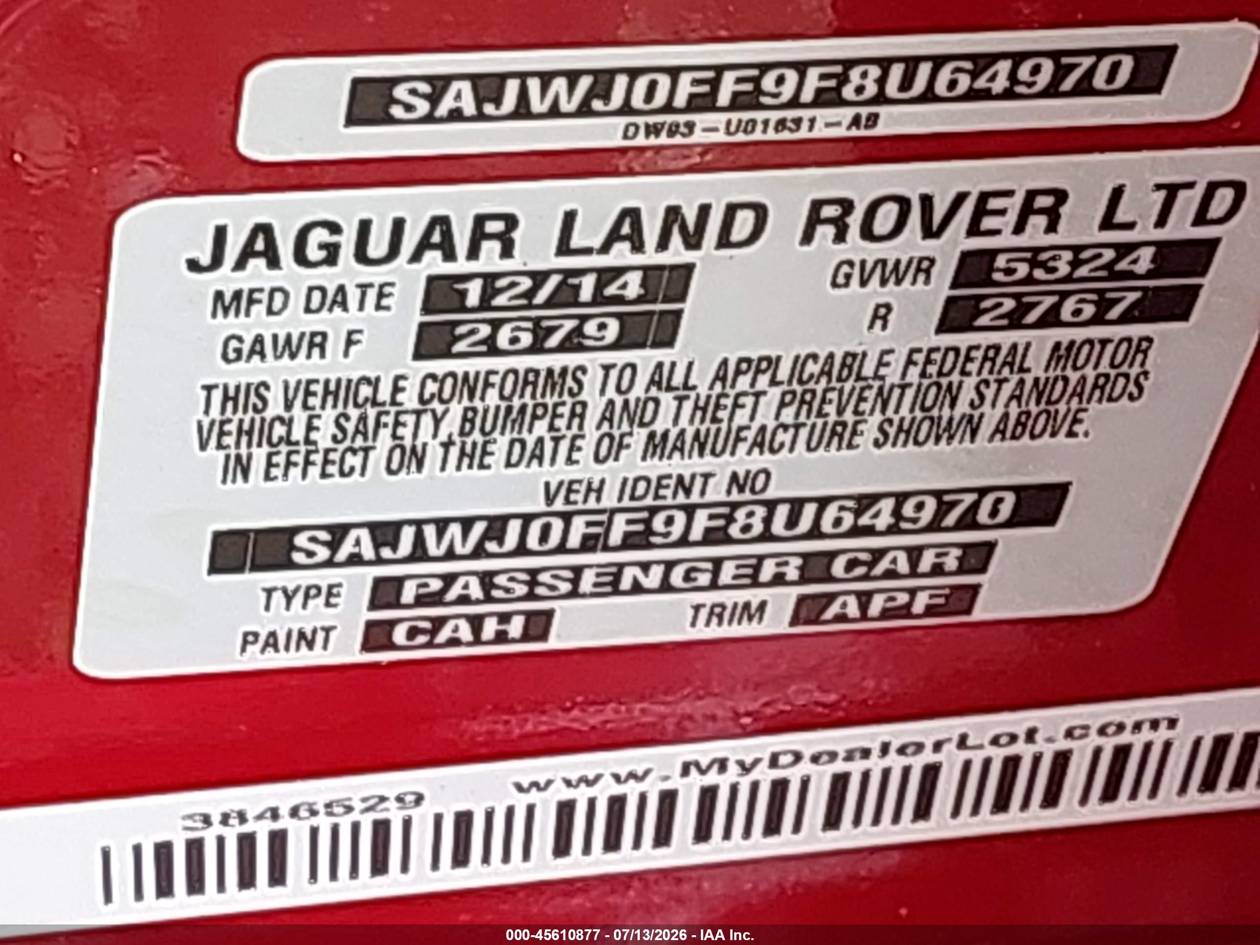 2015 Jaguar Xf 3.0 Portfolio/3.0 Sport Red vin: SAJWJ0FF9F8U64970