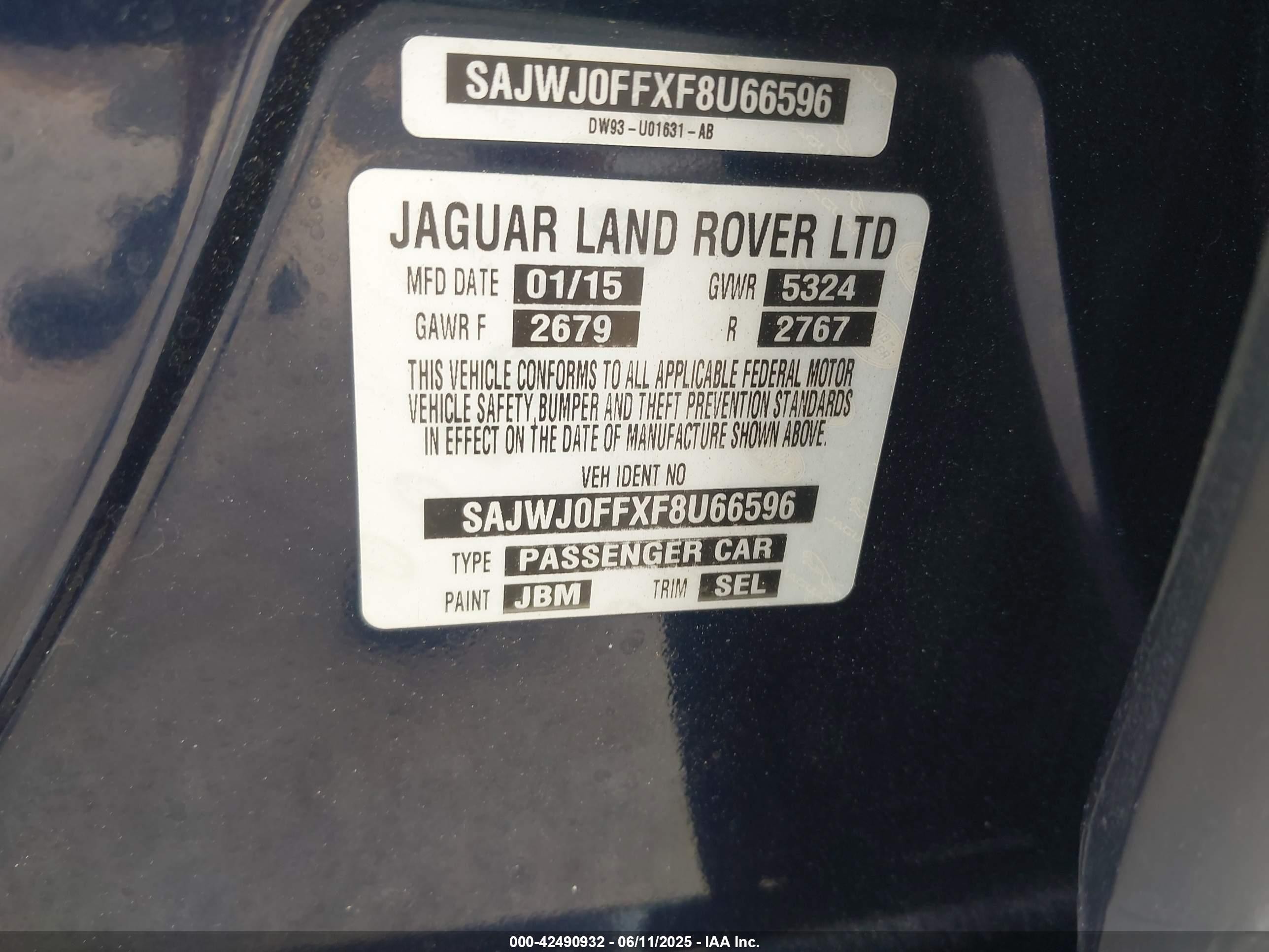 2015 Jaguar Xf 3.0 Portfolio/3.0 Sport Blue vin: SAJWJ0FFXF8U66596