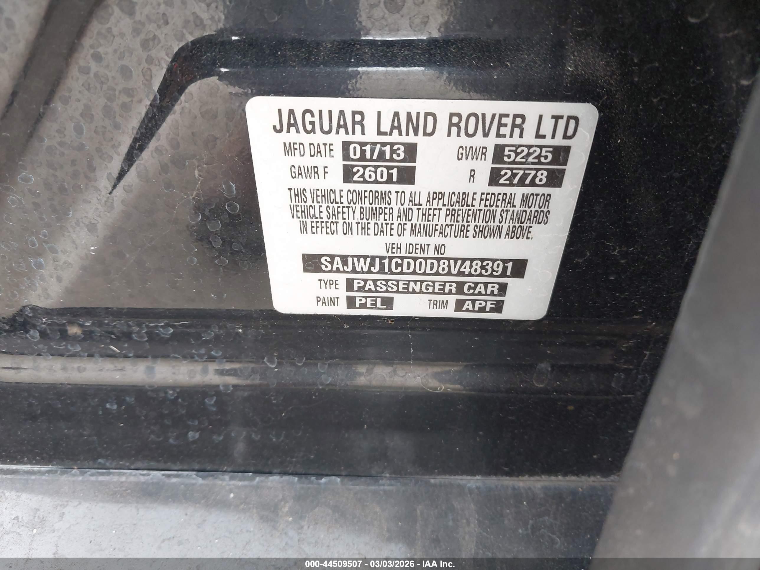 2013 Jaguar Xj   Black vin: SAJWJ1CD0D8V48391