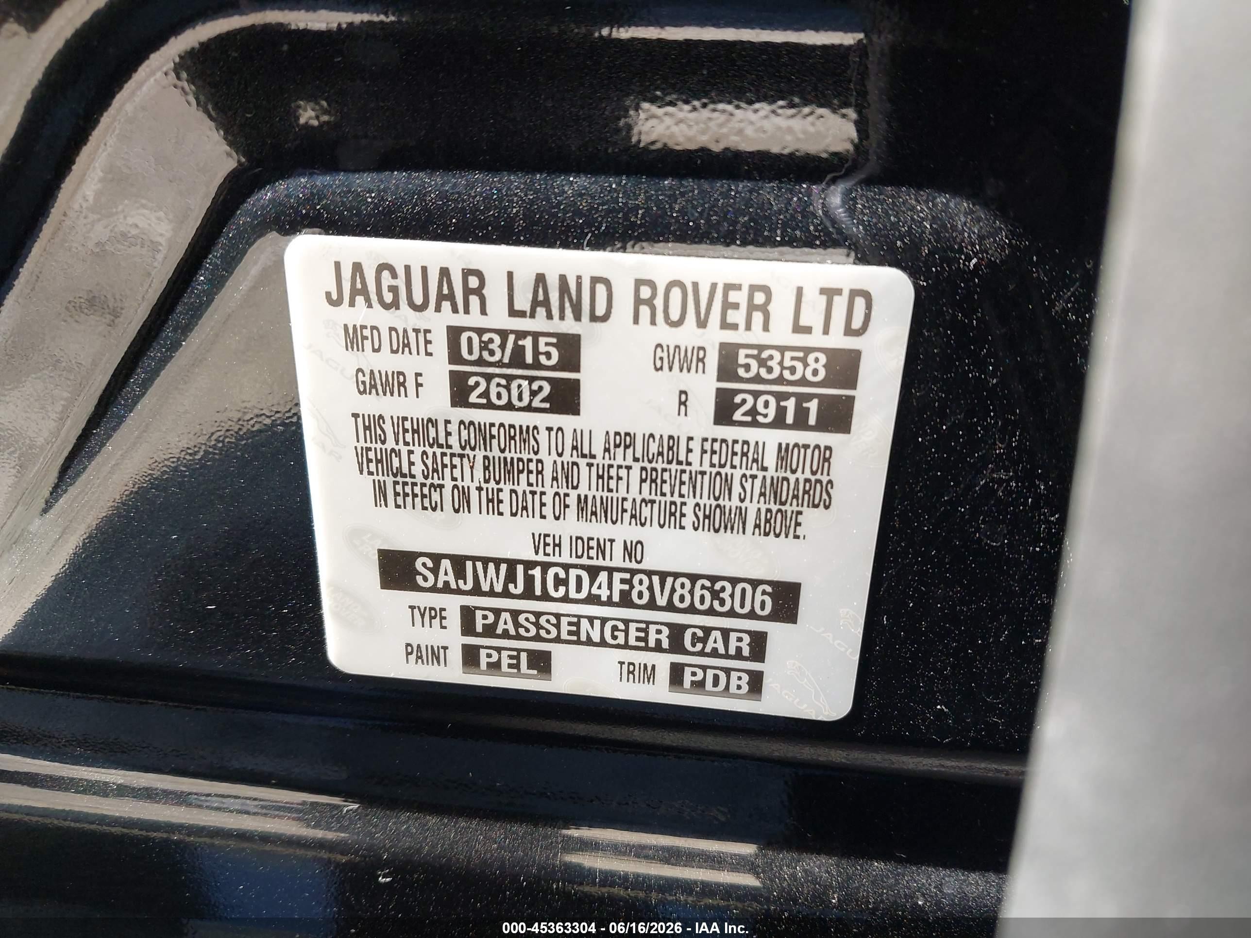 2015 Jaguar Xj   Black vin: SAJWJ1CD4F8V86306