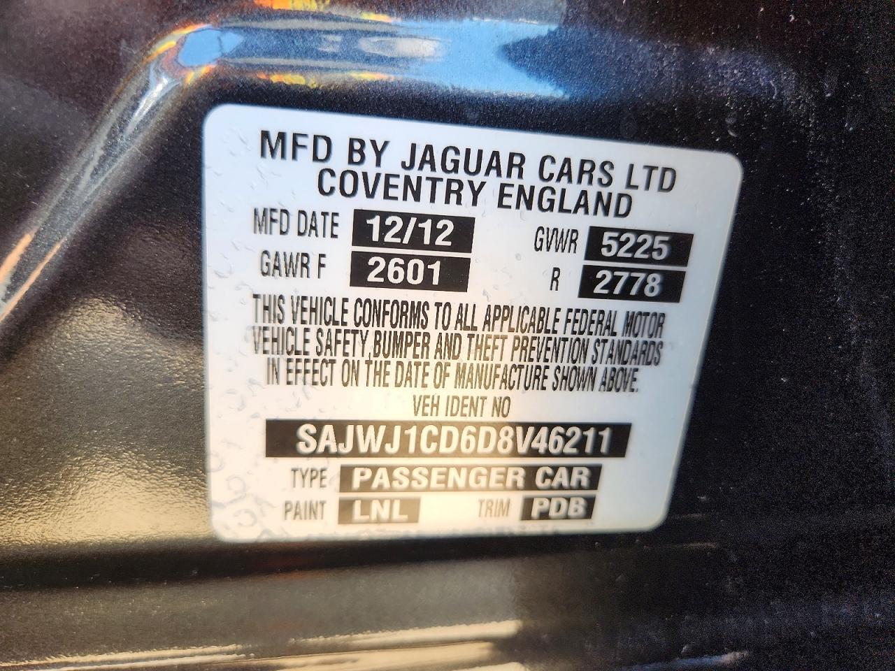 2013 Jaguar Xj Black vin: SAJWJ1CD6D8V46211