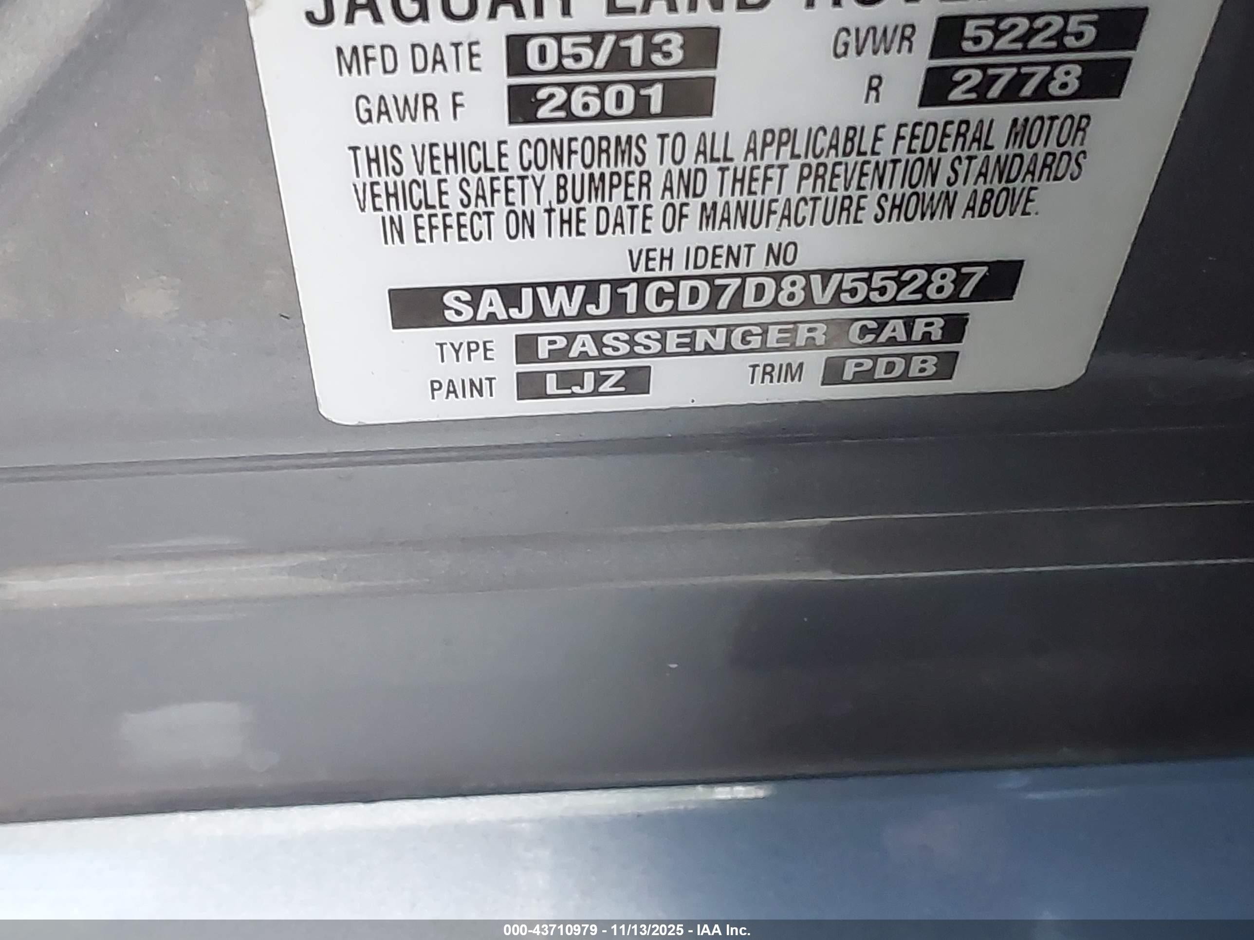 2013 Jaguar Xj   Gray vin: SAJWJ1CD7D8V55287