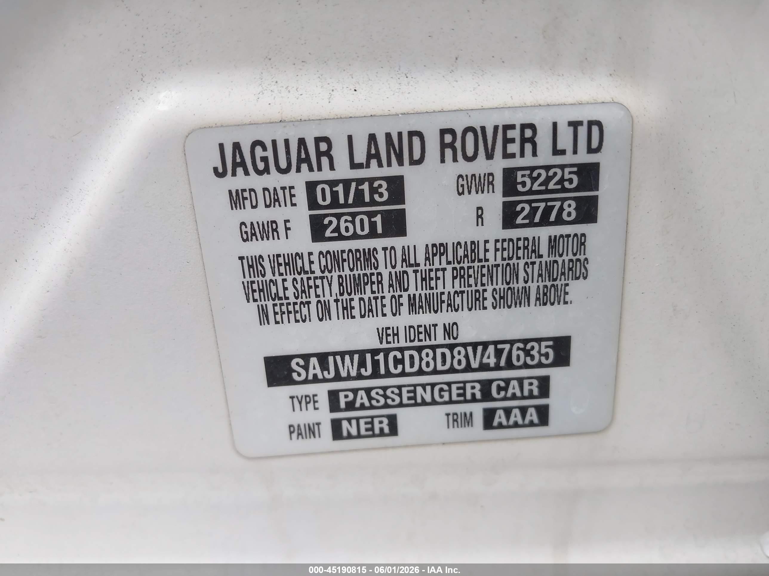 2013 Jaguar Xj   White vin: SAJWJ1CD8D8V47635