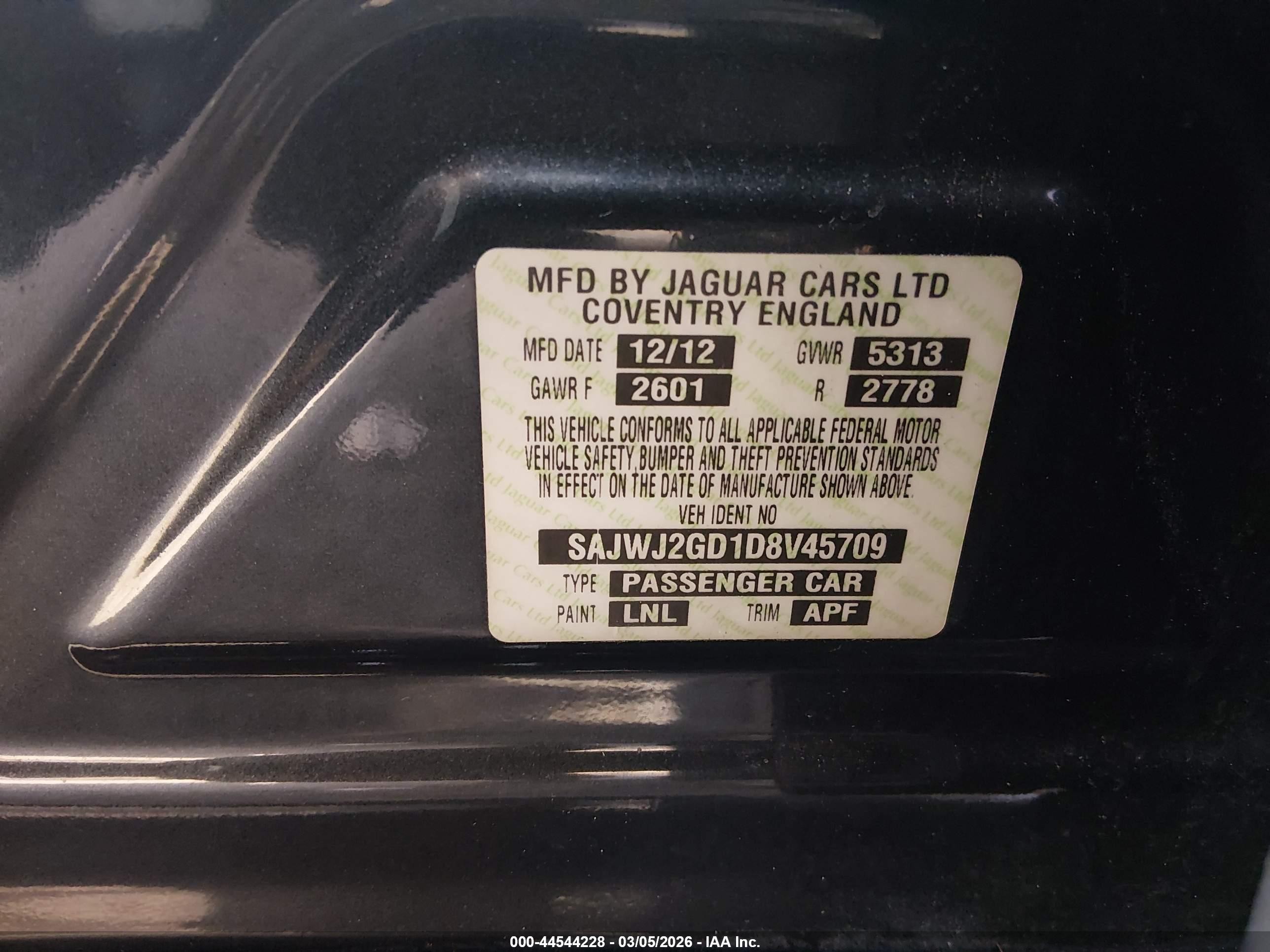 2013 Jaguar Xj Xjl Portfolio Black vin: SAJWJ2GD1D8V45709
