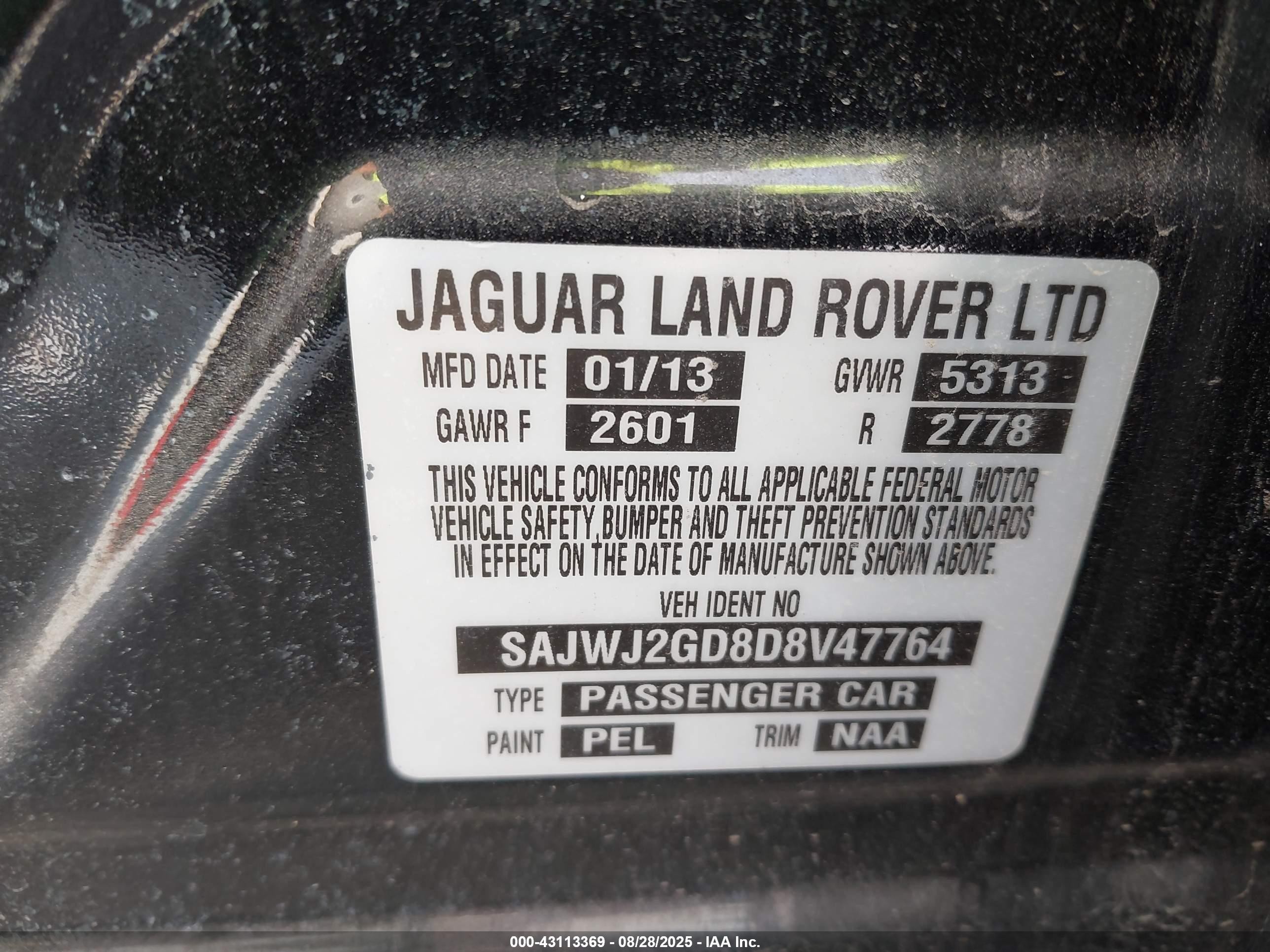2013 Jaguar Xj Xjl Portfolio Black vin: SAJWJ2GD8D8V47764