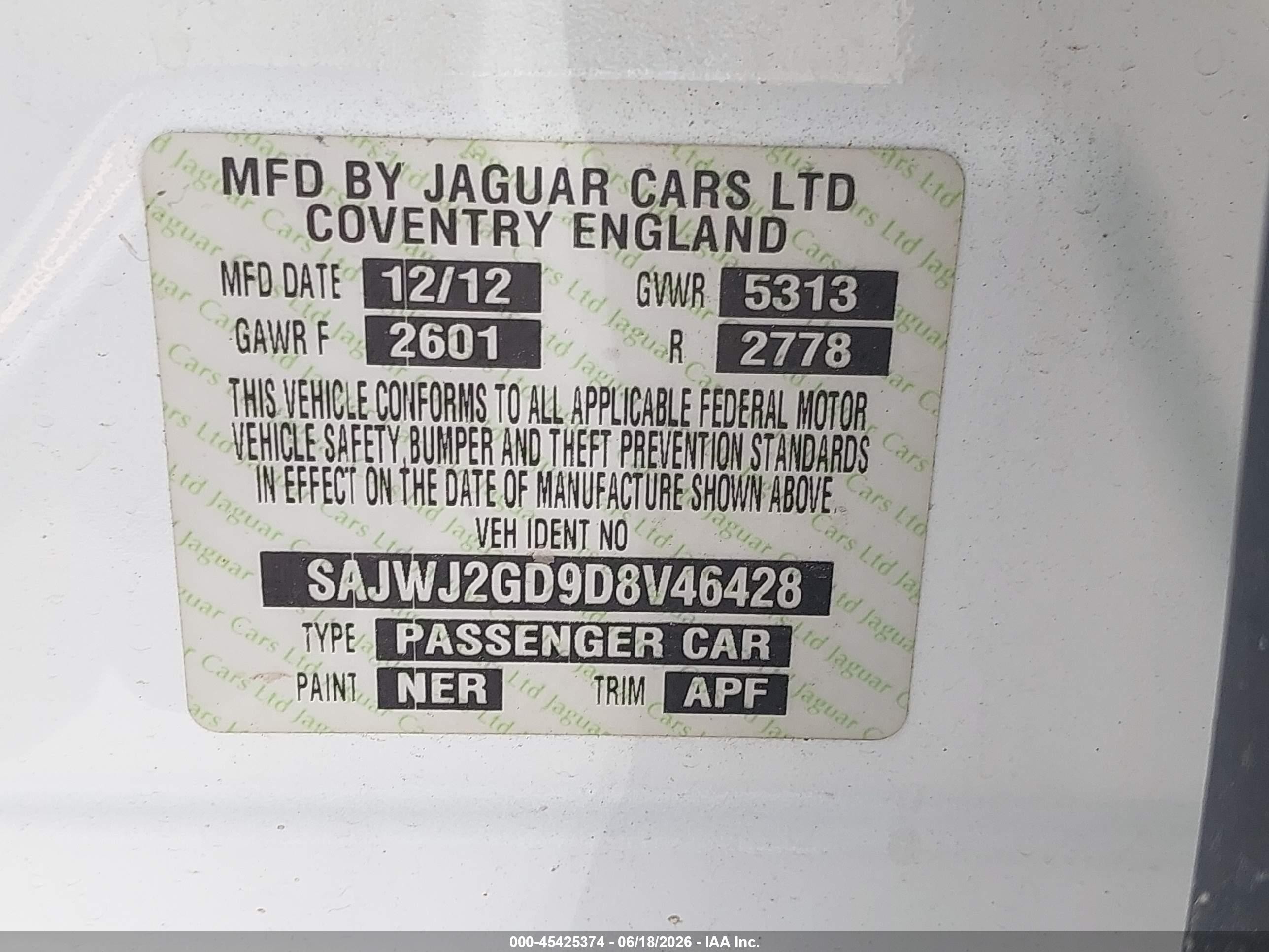 2013 Jaguar Xj Xjl Portfolio White vin: SAJWJ2GD9D8V46428