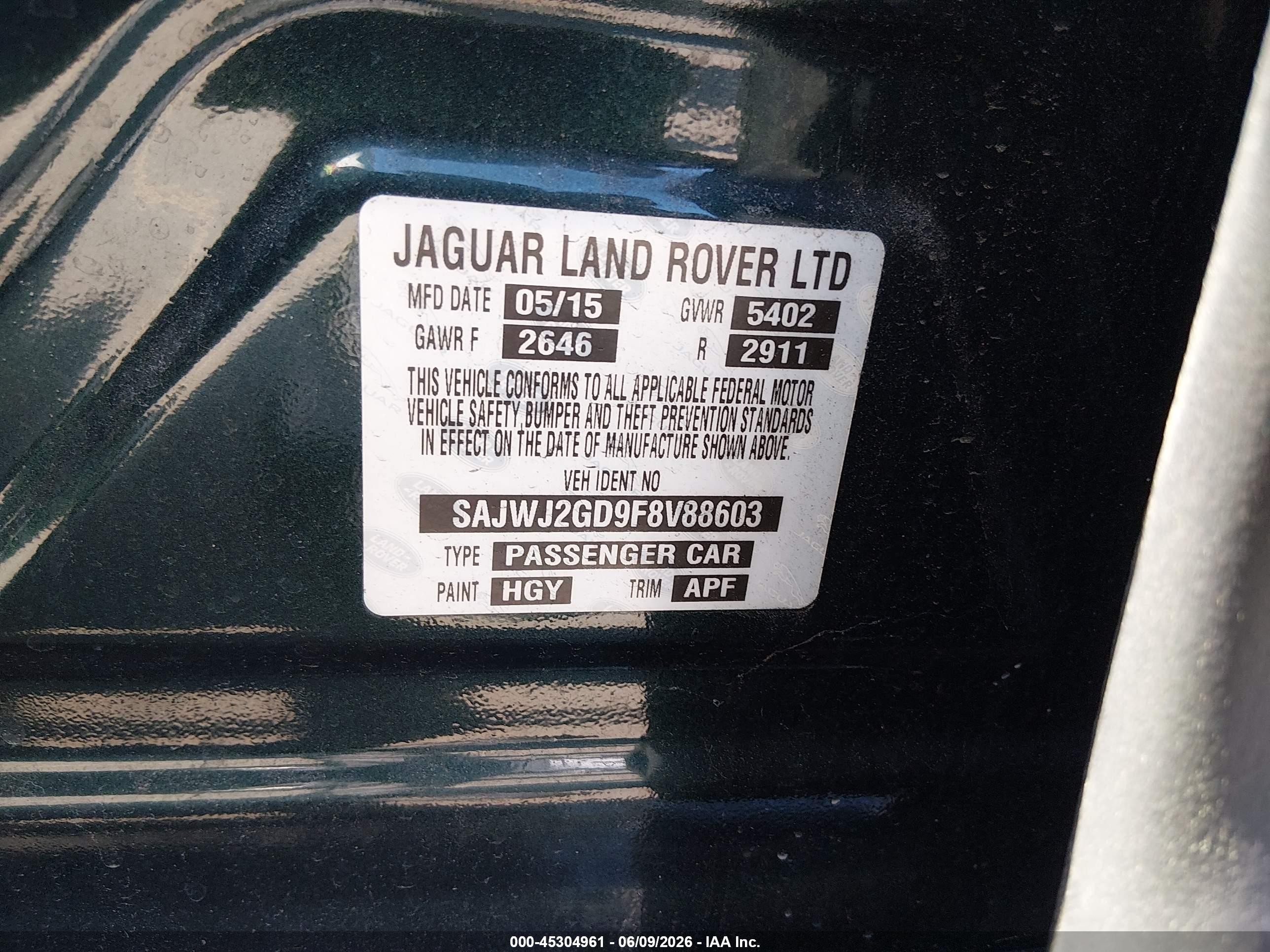 2015 Jaguar Xj Xjl Portfolio Green vin: SAJWJ2GD9F8V88603