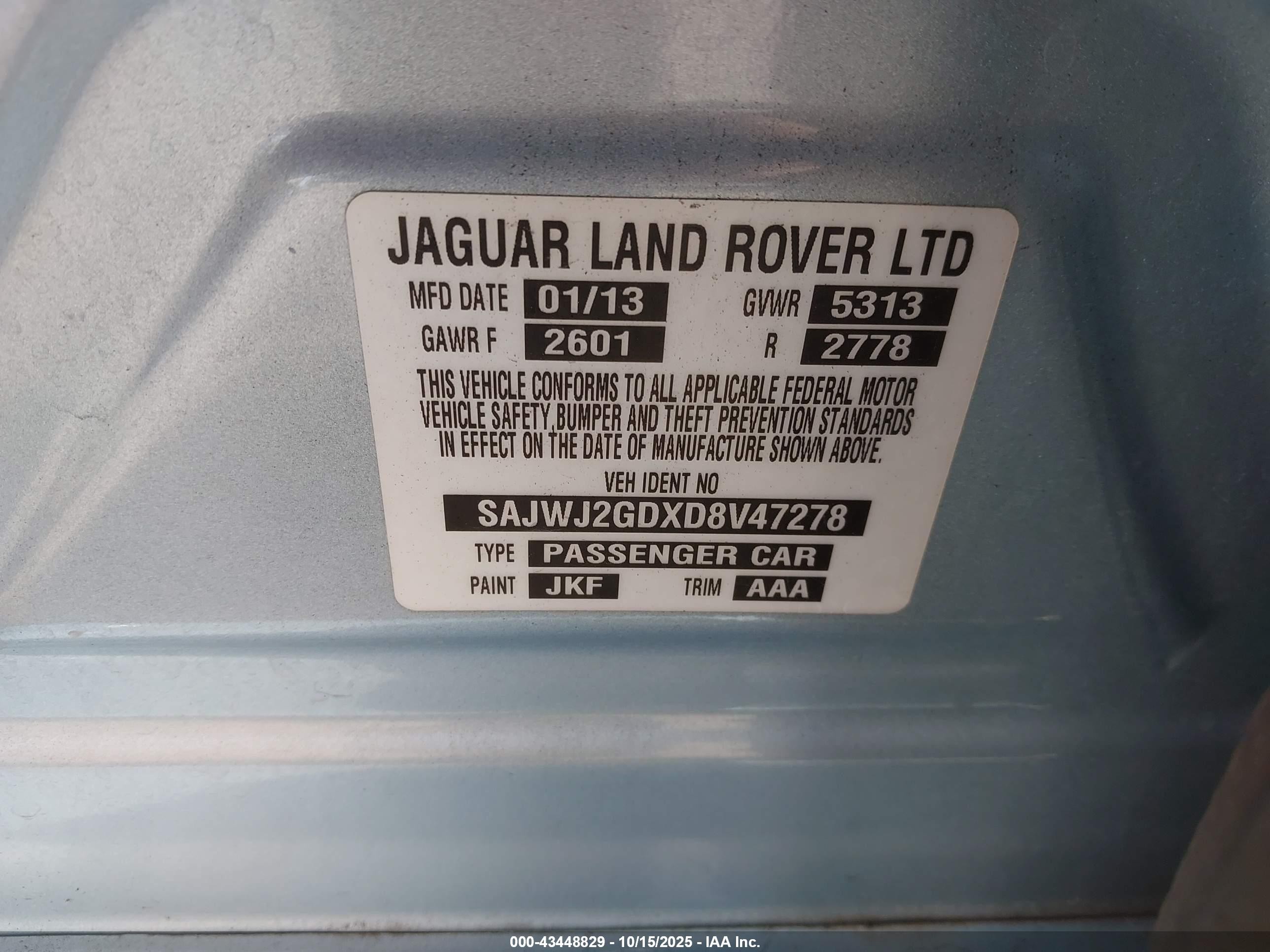 2013 Jaguar Xj Xjl Portfolio Light Blue vin: SAJWJ2GDXD8V47278