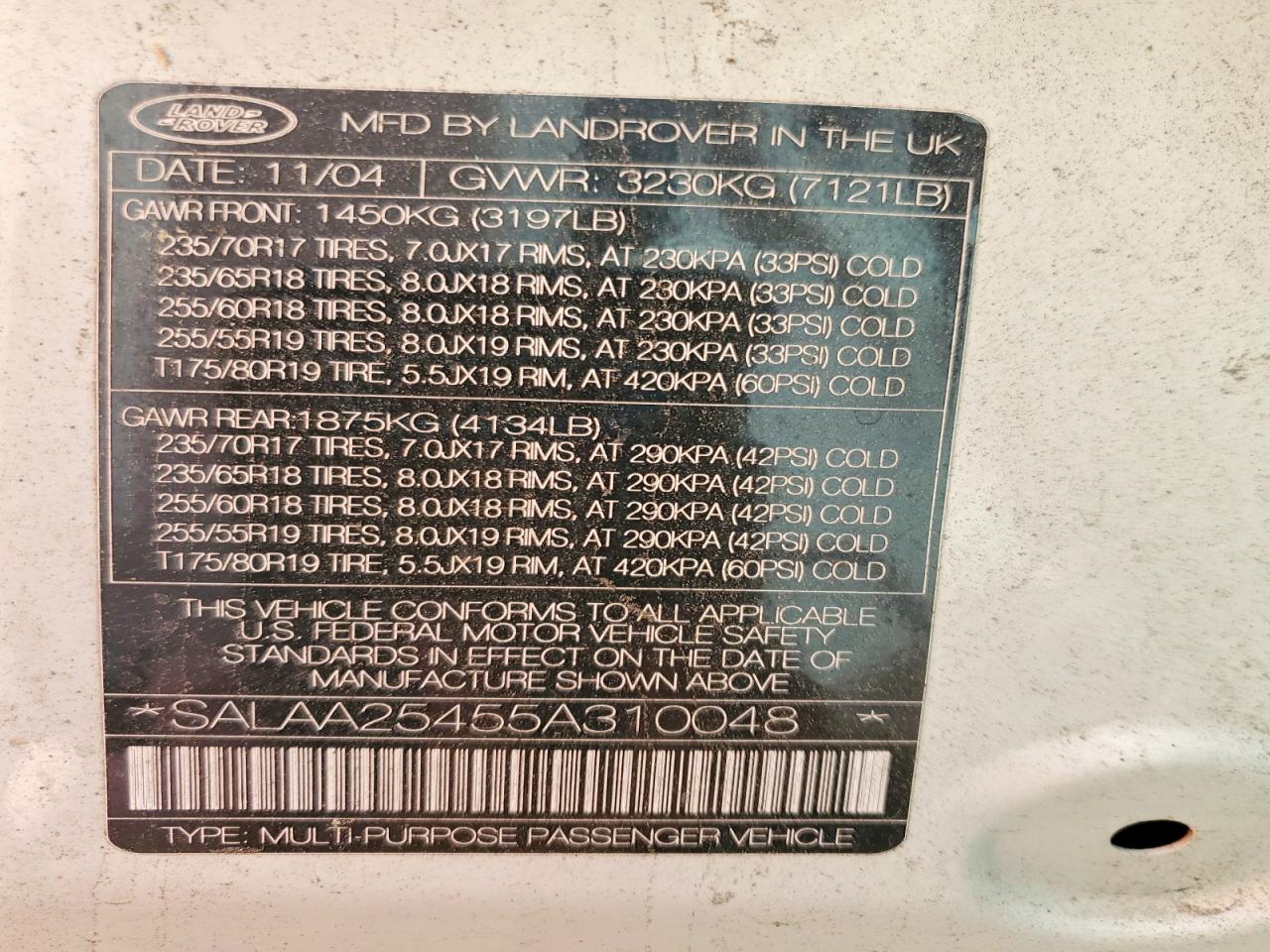 2005 Land Rover Lr3 White vin: SALAA25455A310048
