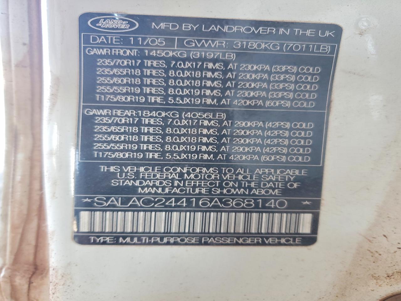 2006 Land Rover Lr3 White vin: SALAC24416A368140