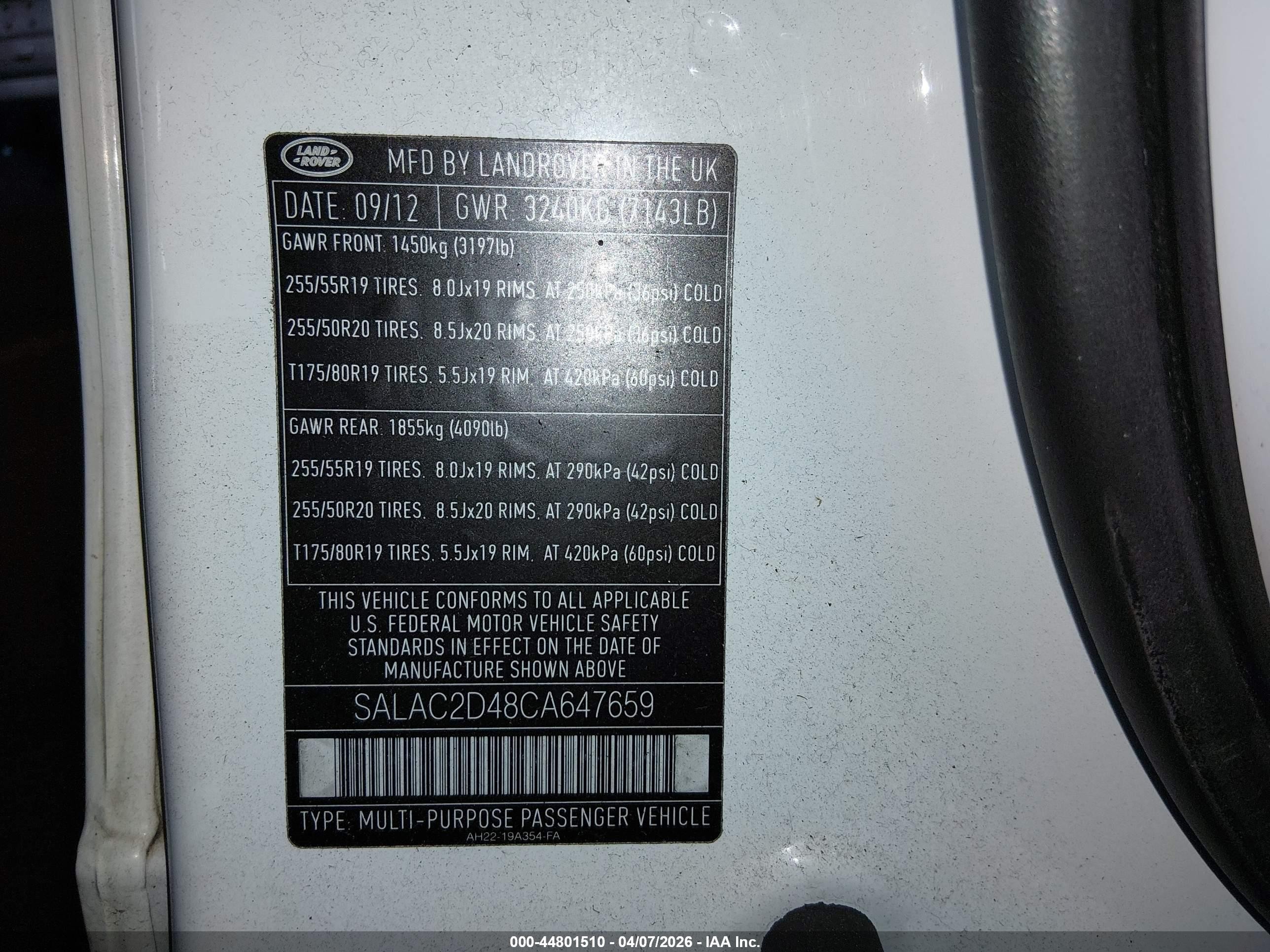 2012 Land Rover Lr4   White vin: SALAC2D48CA647659