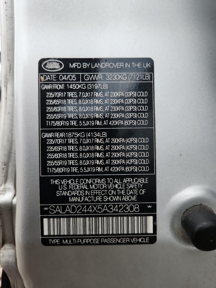 2005 Land Rover Lr3 Se Silver vin: SALAD244X5A342308