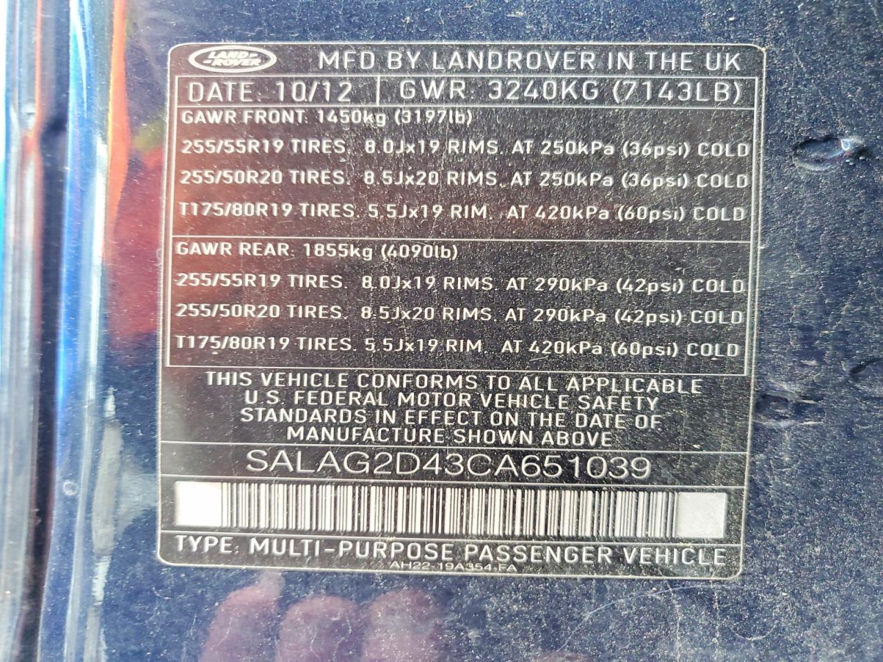 2012 Land Rover Lr4 Hse Blue vin: SALAG2D43CA651039
