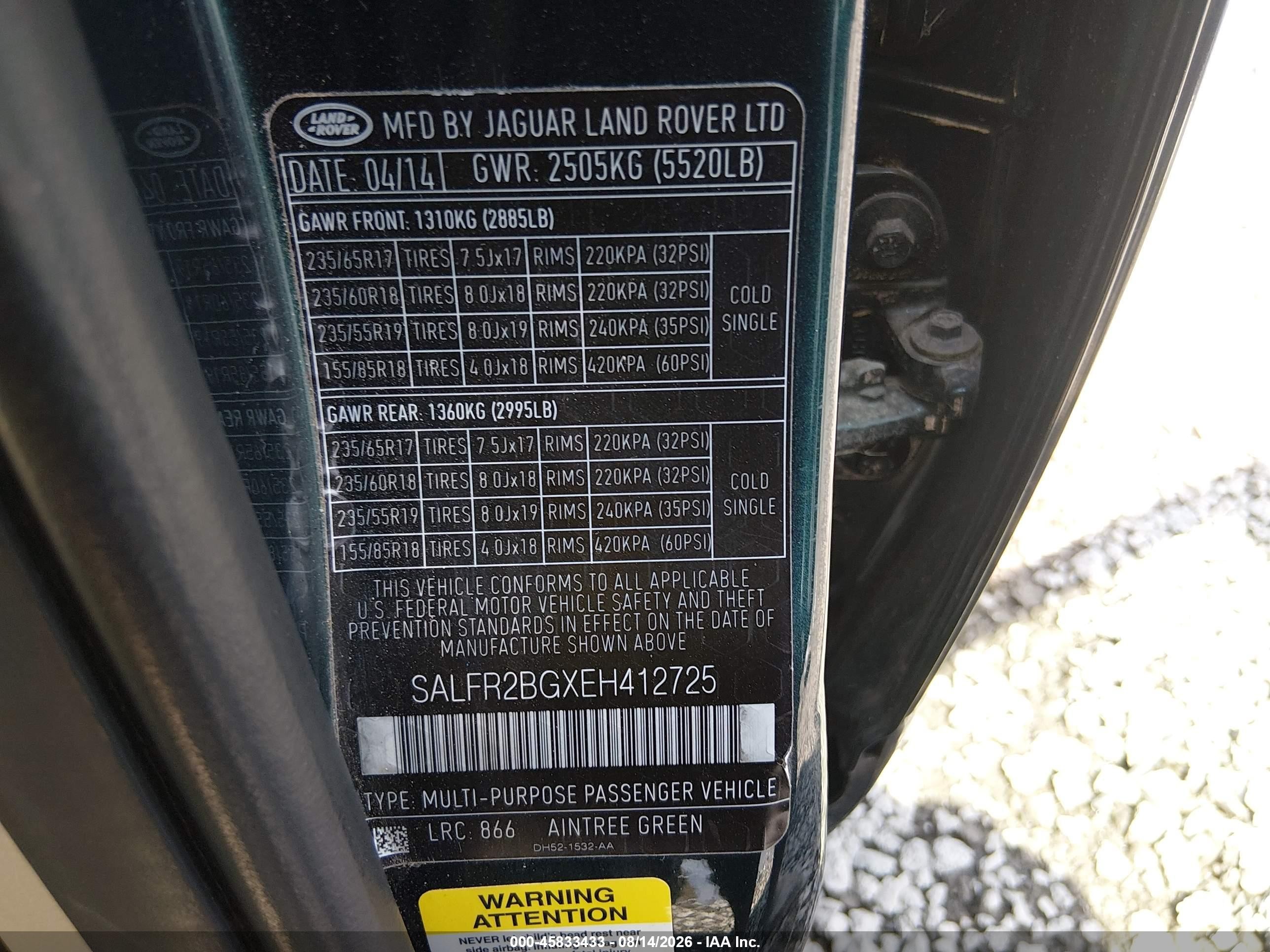 2014 Land Rover Lr2 Green vin: SALFR2BGXEH412725