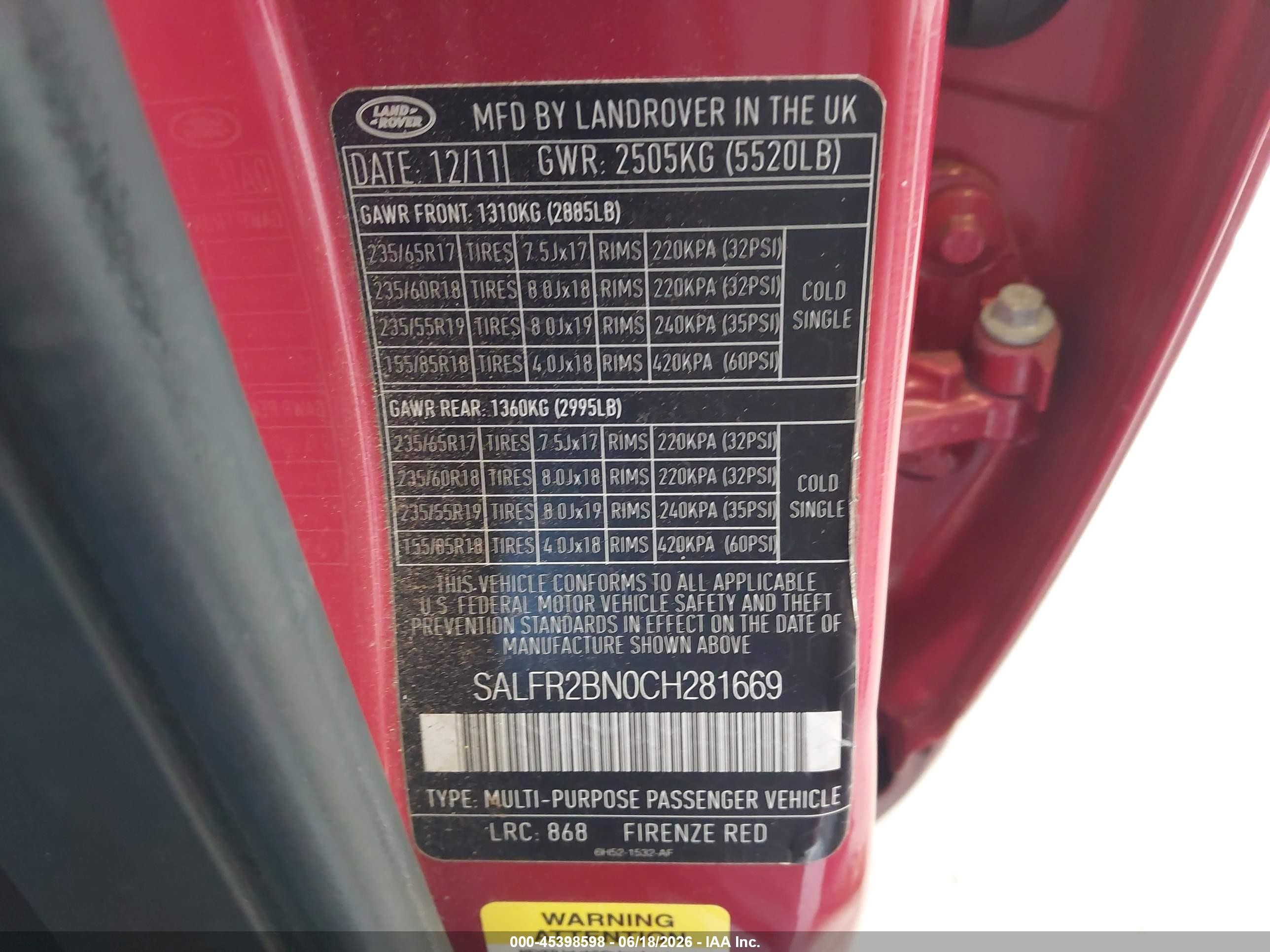 2012 Land Rover Lr2 Красный vin: SALFR2BN0CH281669
