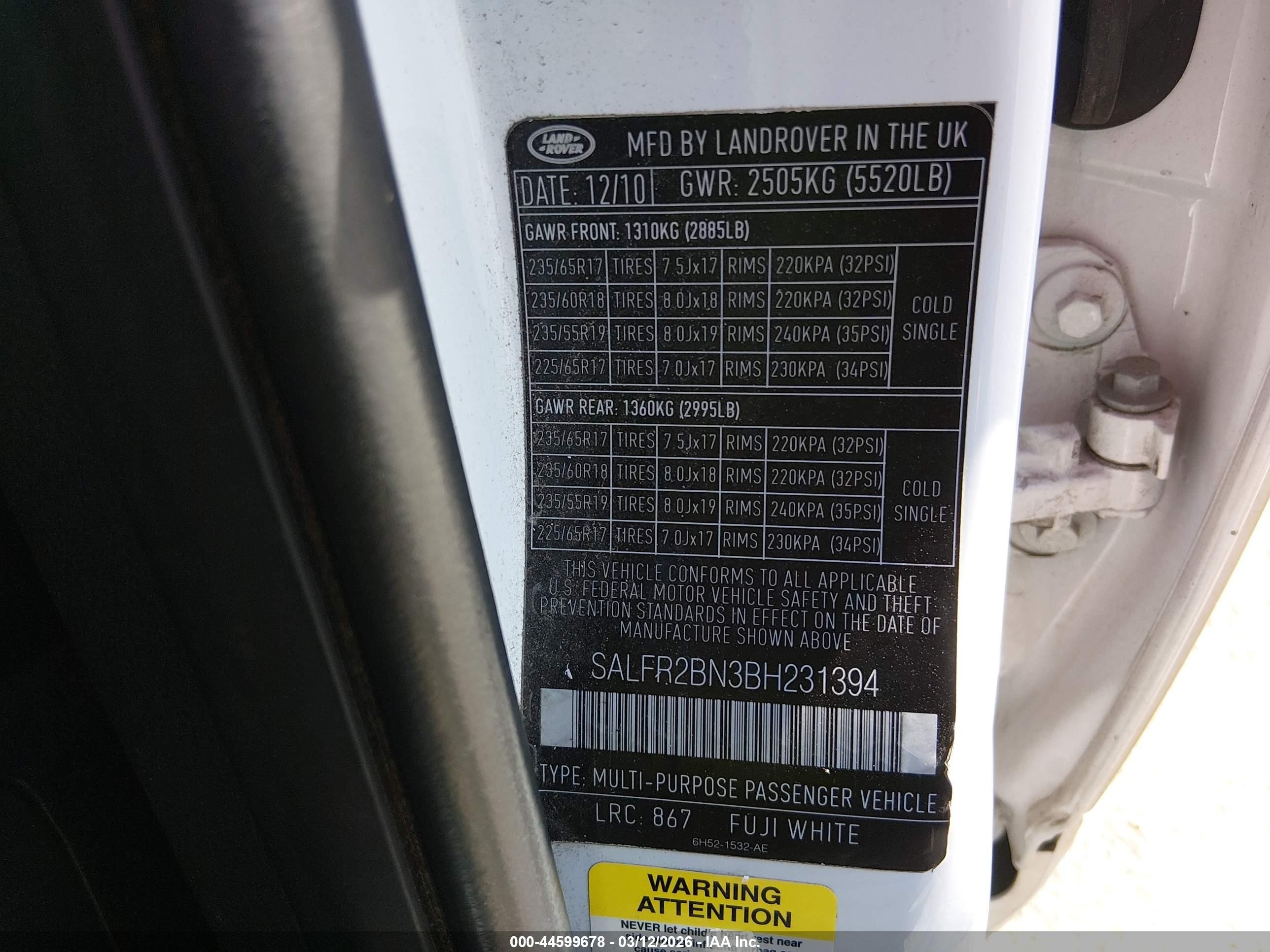2011 Land Rover Lr2 White vin: SALFR2BN3BH231394