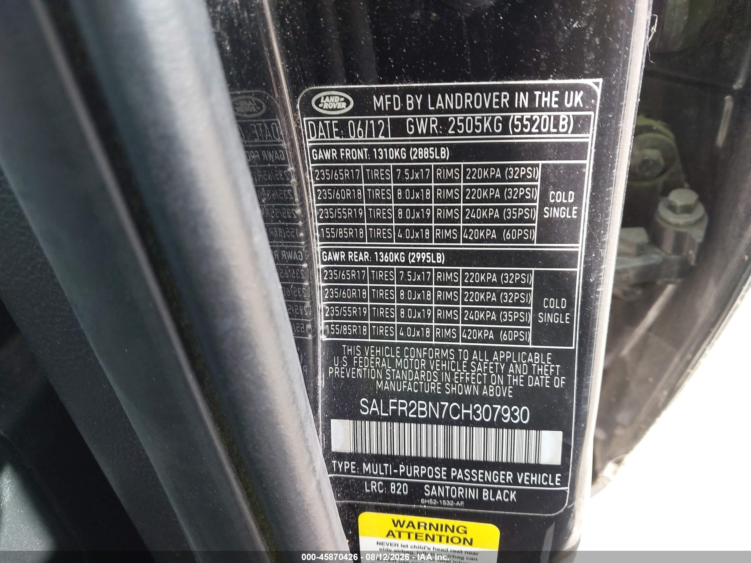 2012 Land Rover Lr2   Black vin: SALFR2BN7CH307930
