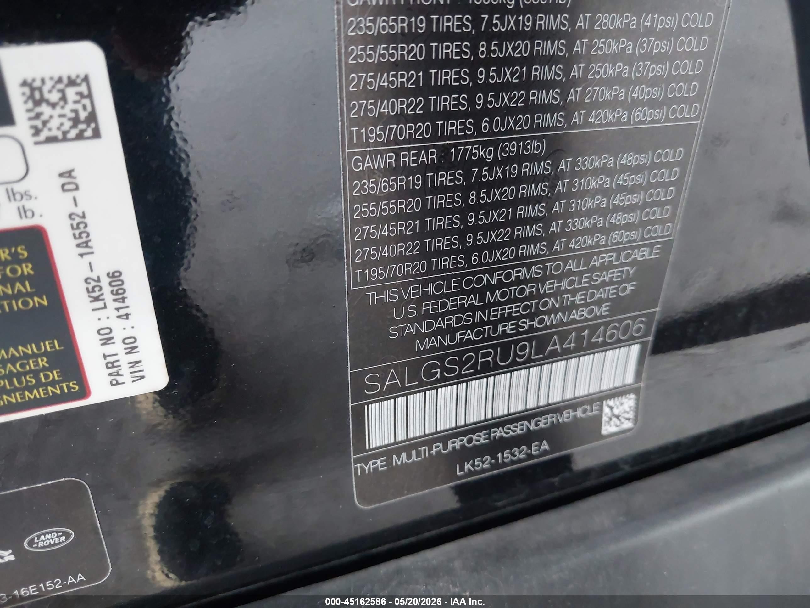 2020 Land Rover Range Rover Hse Black vin: SALGS2RU9LA414606