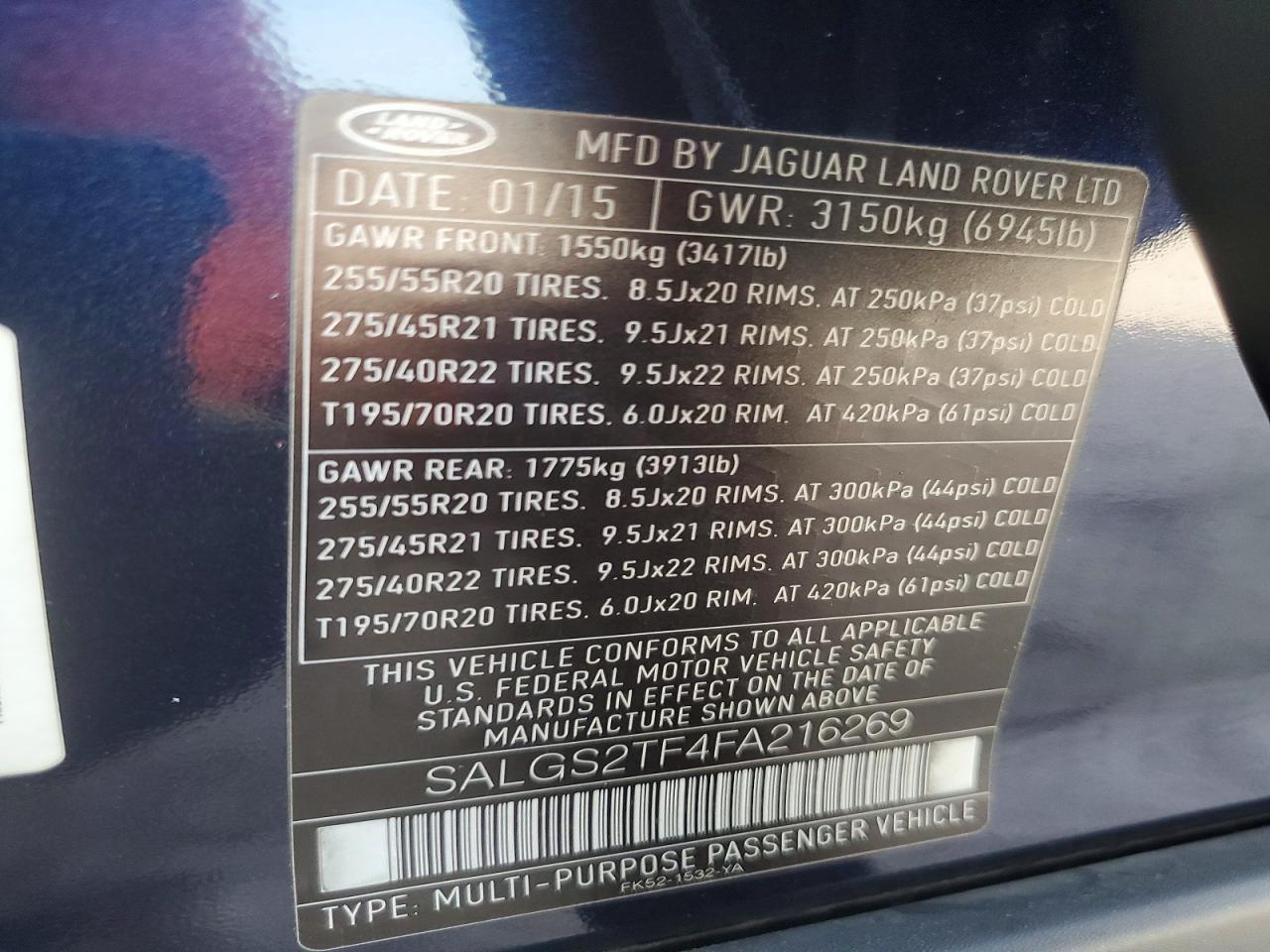 2015 Land Rover Range Rover Supercharged Blue vin: SALGS2TF4FA216269