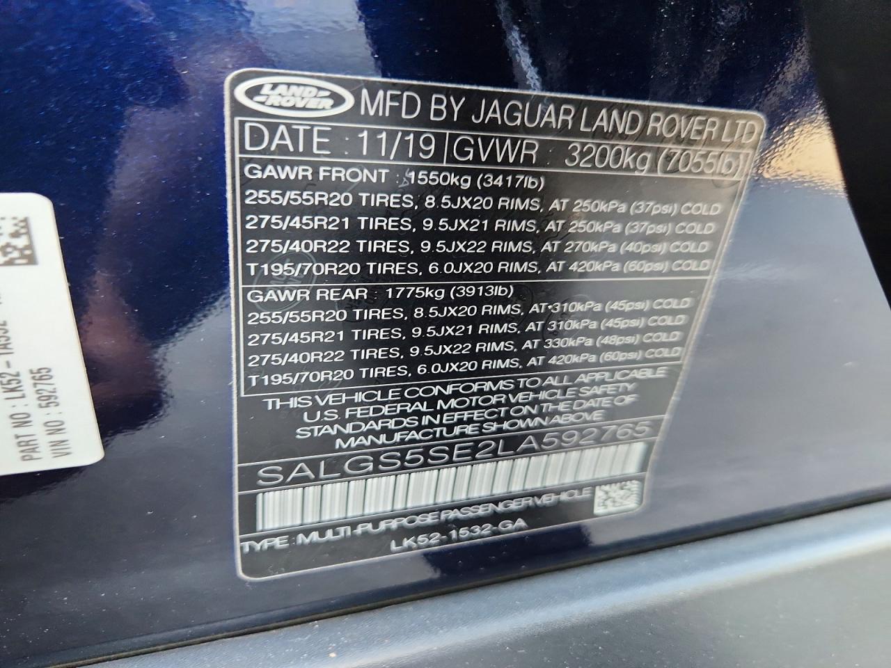 2020 Land Rover Range Rover P525 Hse Blue vin: SALGS5SE2LA592765