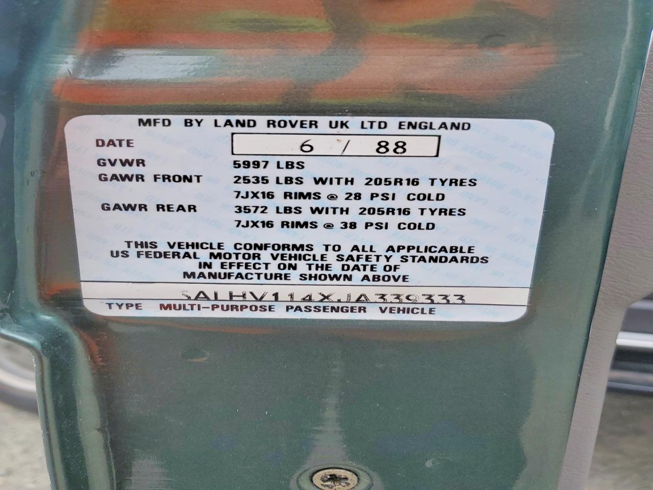 1988 Land Rover Range Rover Green vin: SALHV114XJA339333
