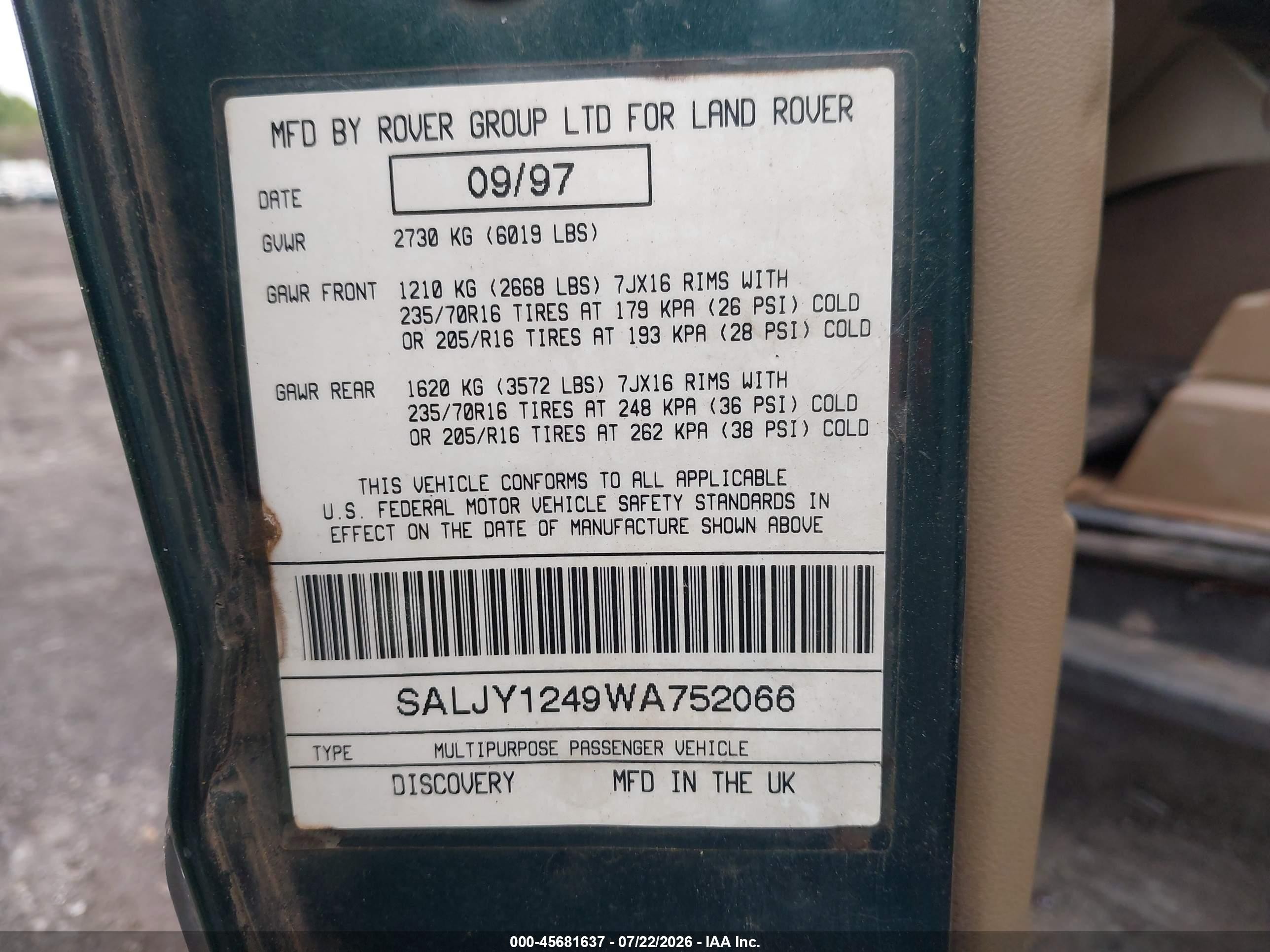 1998 Land Rover Discovery Le/ls Green vin: SALJY1249WA752066