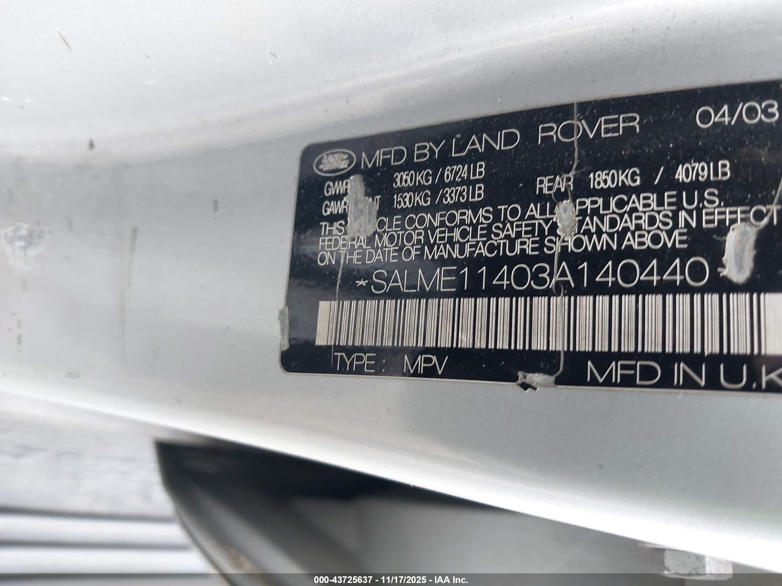 2003 Land Rover Range Rover Hse Gray vin: SALME11403A140440