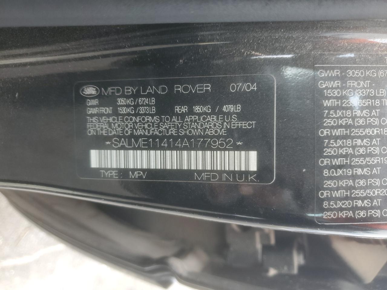 2004 Land Rover Range Rover Hse Black vin: SALME11414A177952