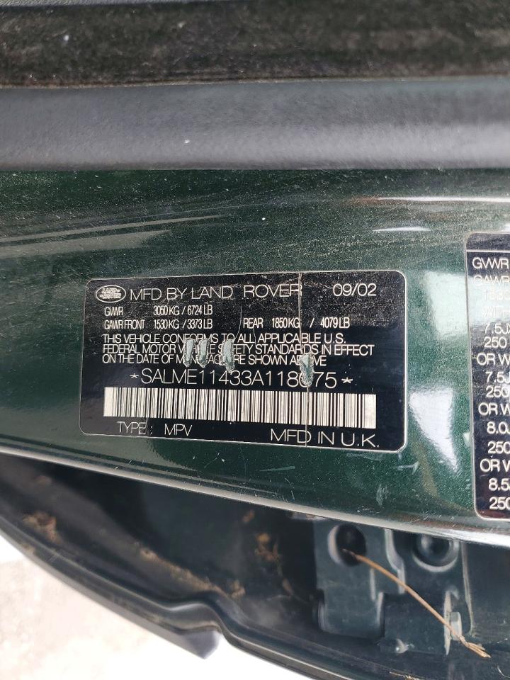2003 Land Rover Range Rover Hse Green vin: SALME11433A118075