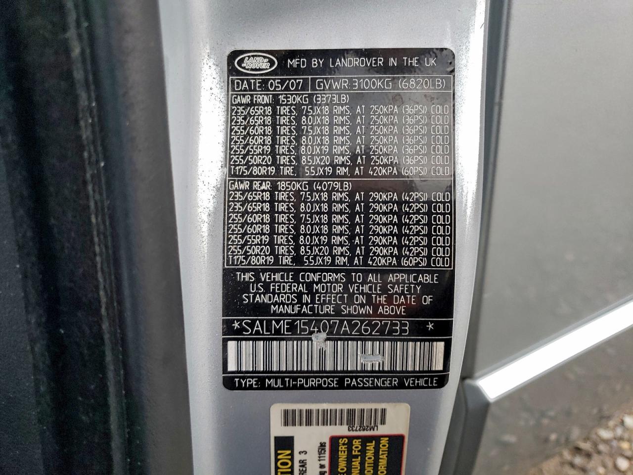 2007 Land Rover Range Rover Hse Silver vin: SALME15407A262733