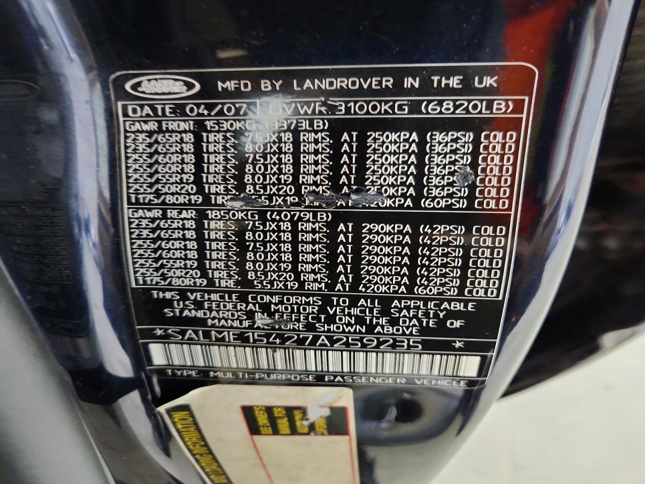 2007 Land Rover Range Rover Hse Blue vin: SALME15427A259235