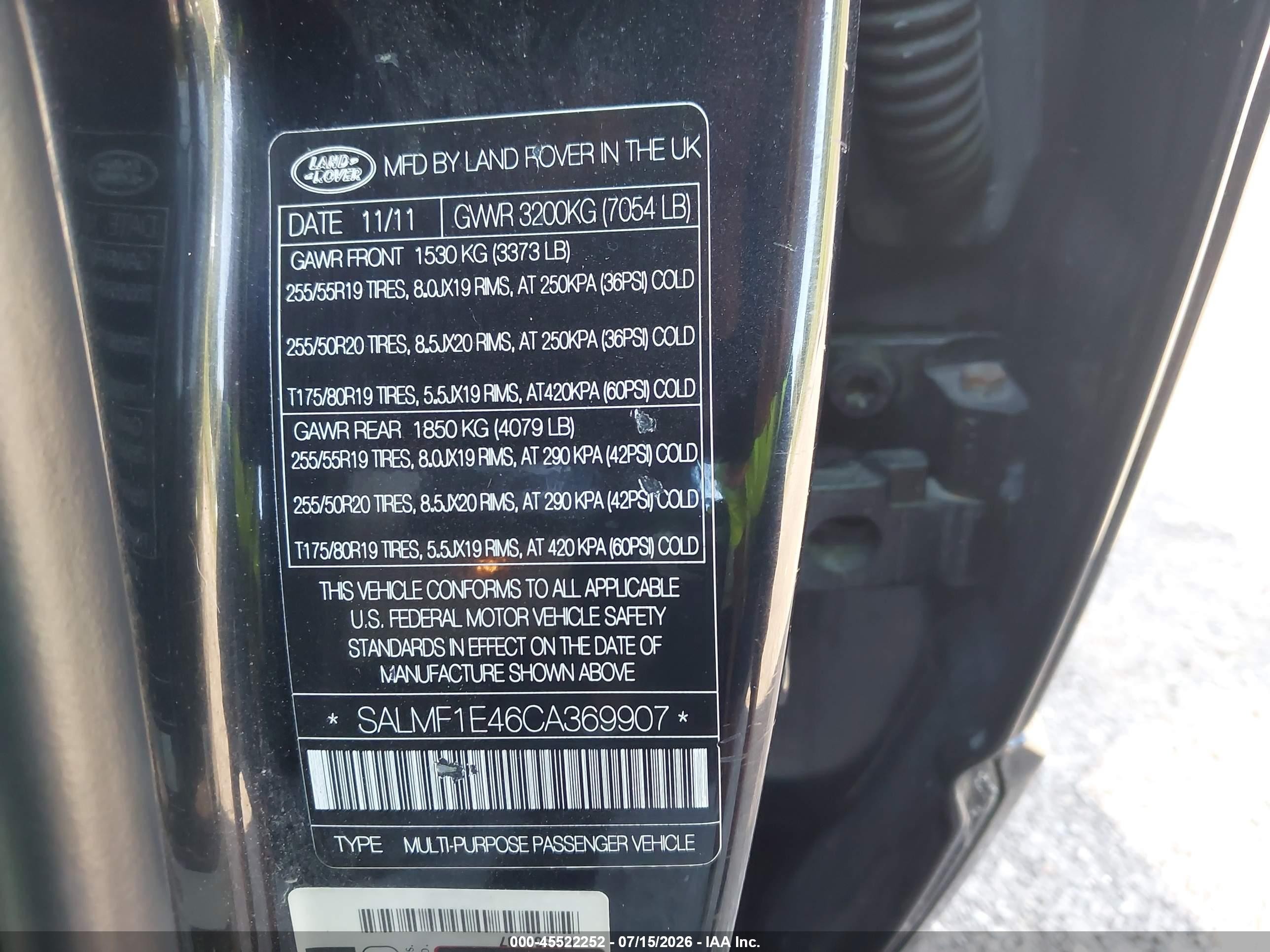 2012 Land Rover Range Rover Supercharged Черный vin: SALMF1E46CA369907