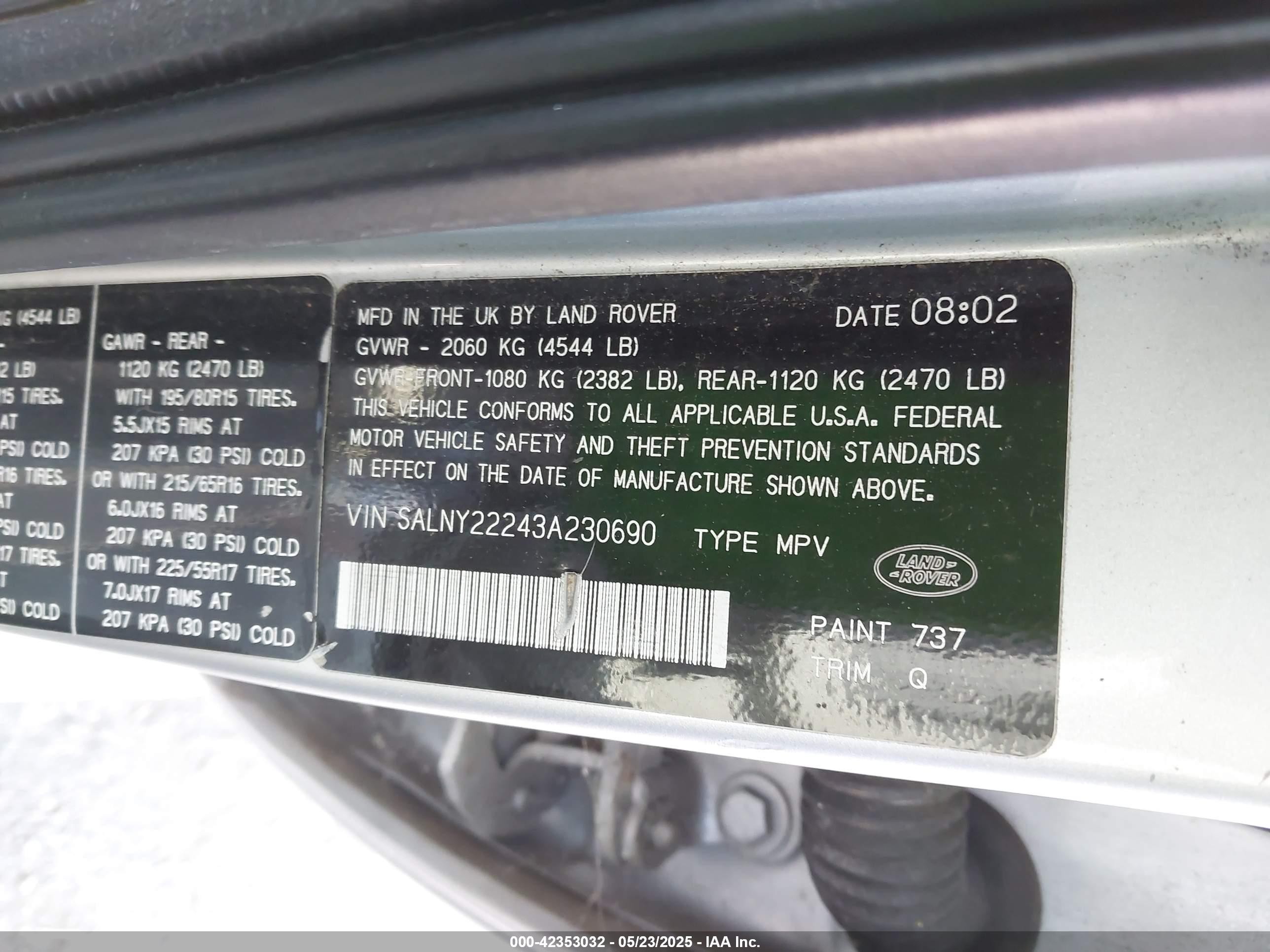 2003 Land Rover Freelander Se Silver vin: SALNY22243A230690