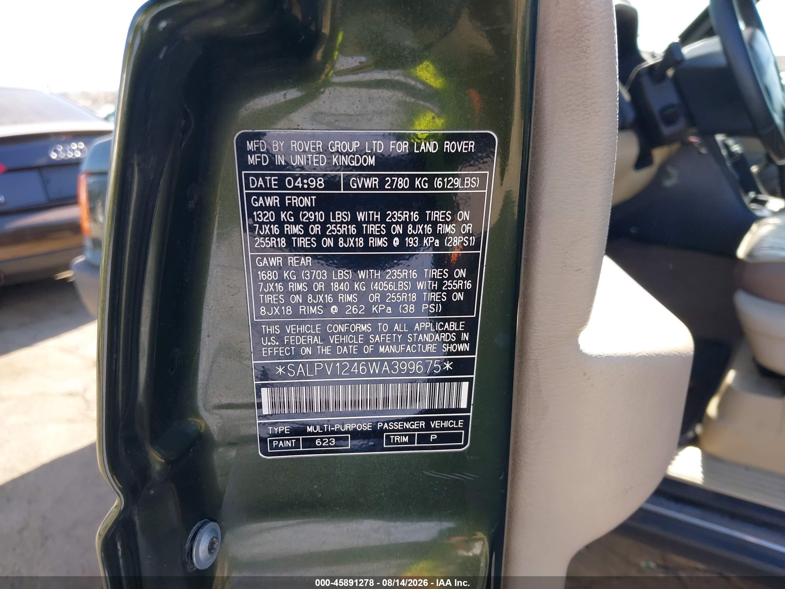 1998 Land Rover Range Rover Se 4.0 Green vin: SALPV1246WA399675