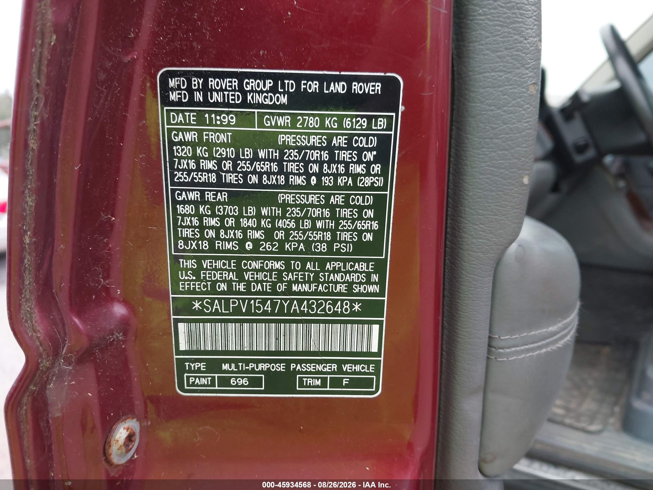 2000 Land Rover Range Rover 4.0 Se Red vin: SALPV1547YA432648