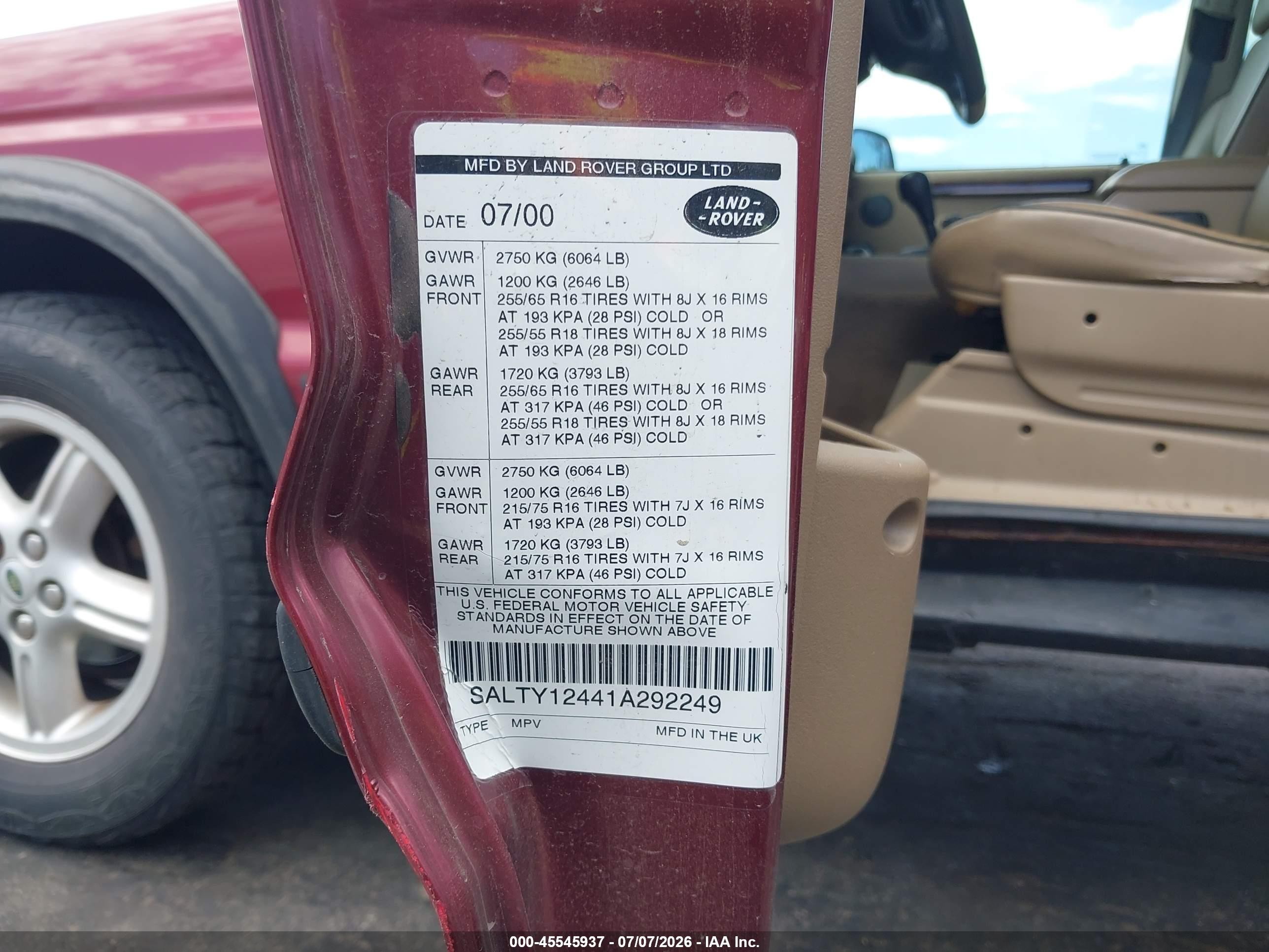 2001 Land Rover Discovery Series Ii Red vin: SALTY12441A292249
